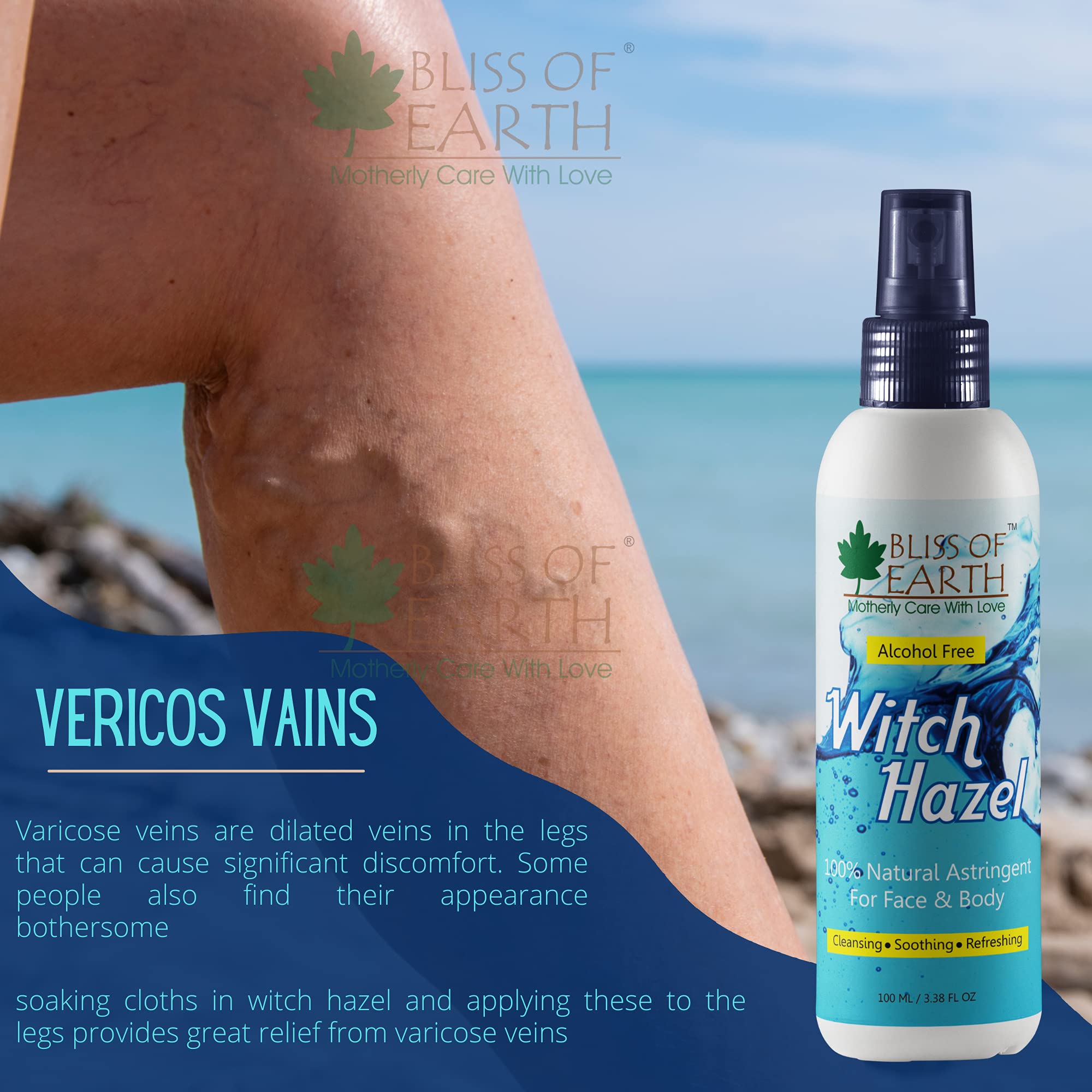Bliss of Earth Witch Hazel Toner for Face - Natural Pore Minimizer & Alcohol-Free Facial Astringent for Acne & Oily Skin (100ml) | Daily Skincare Routine & Post-Shave Soother