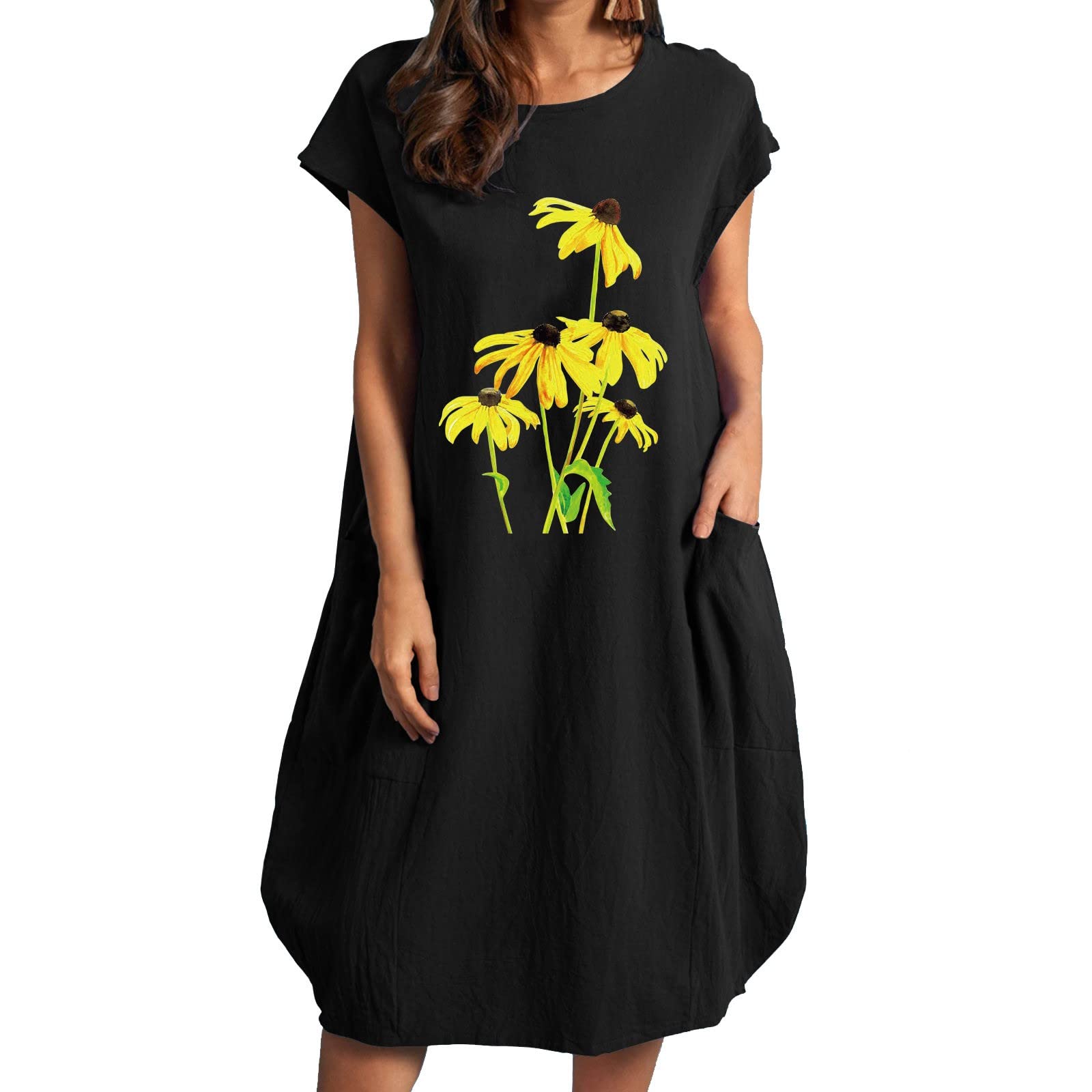 Women's Summer Daisy Print Loose Short Sleeve Dress with Pocket - Casual Round Neck Sundress for Beach, Vacation & Outdoor Activities