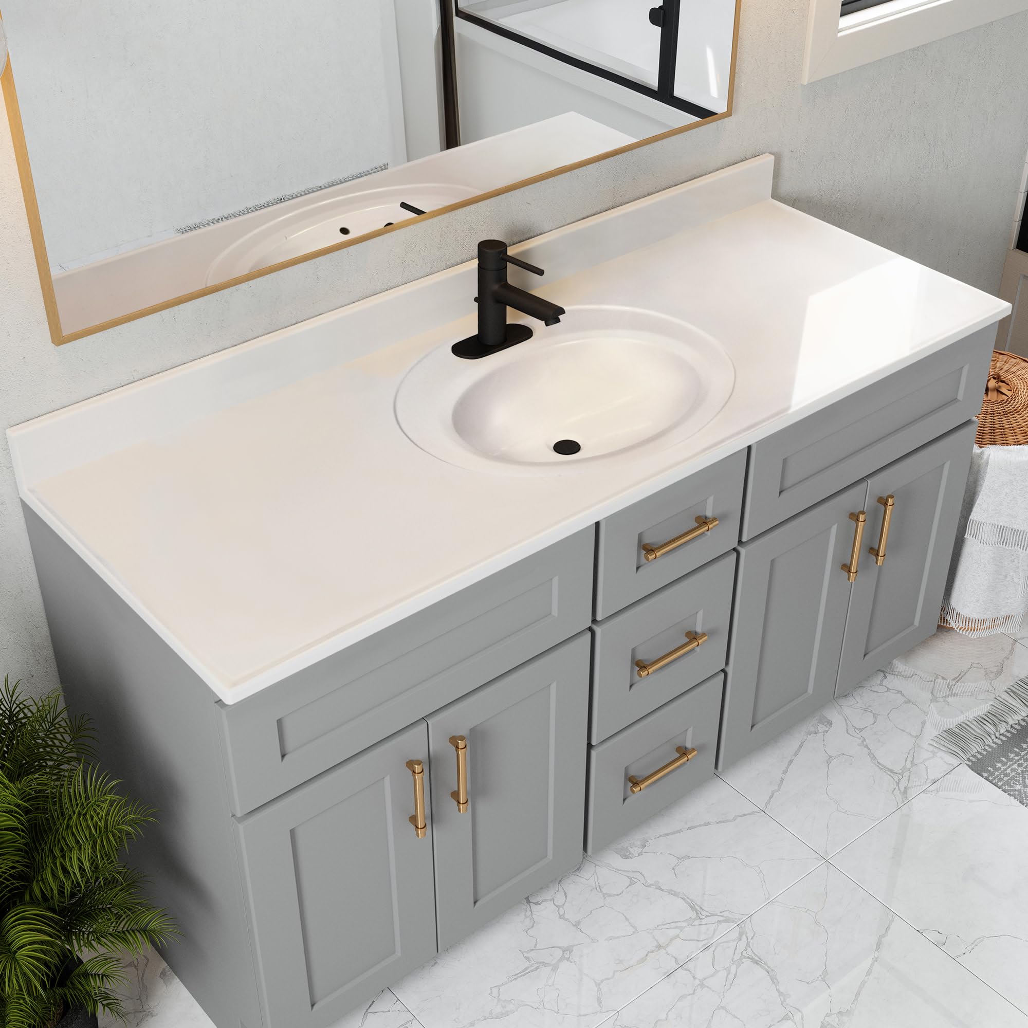 61 Inch White Cultured Marble Bathroom Vanity Top with Backsplash - Durable Modern Design for Home Renovation - Perfect for Master Bath & Powder Room Upgrades (Design House 597427)