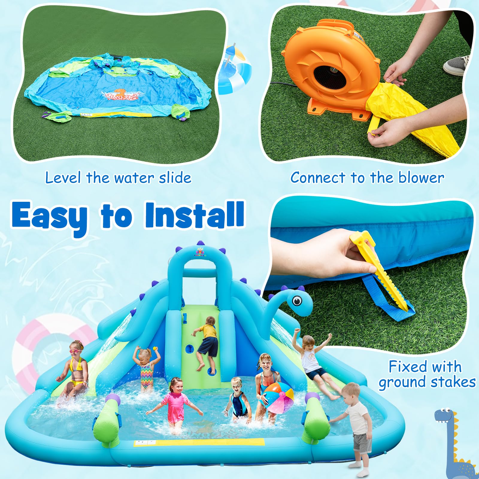 **HONEY JOY Inflatable Water Slide with Dual Slides & Splash Pool - Dinosaur Bounce House for Kids & Adults - Backyard Water Park for Summer Fun, Outdoor Party, and Family Gatherings (Blower Not Included)**