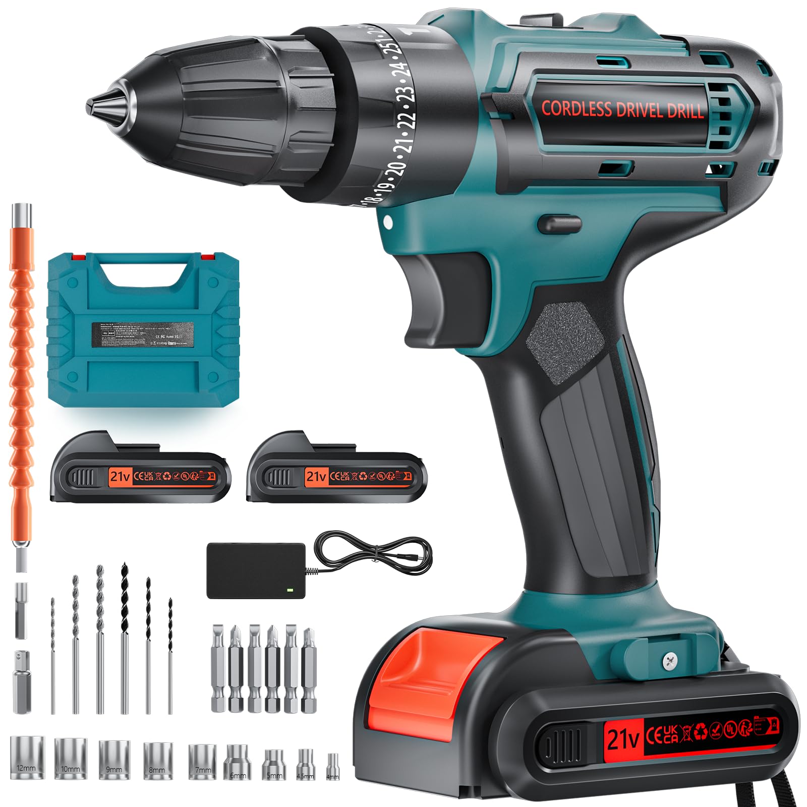 21V Cordless Drill Set with 2 Batteries & Charger - 45Nm Electric Power Drill Driver, 25+3 Torque, 2-Speed, 3/8