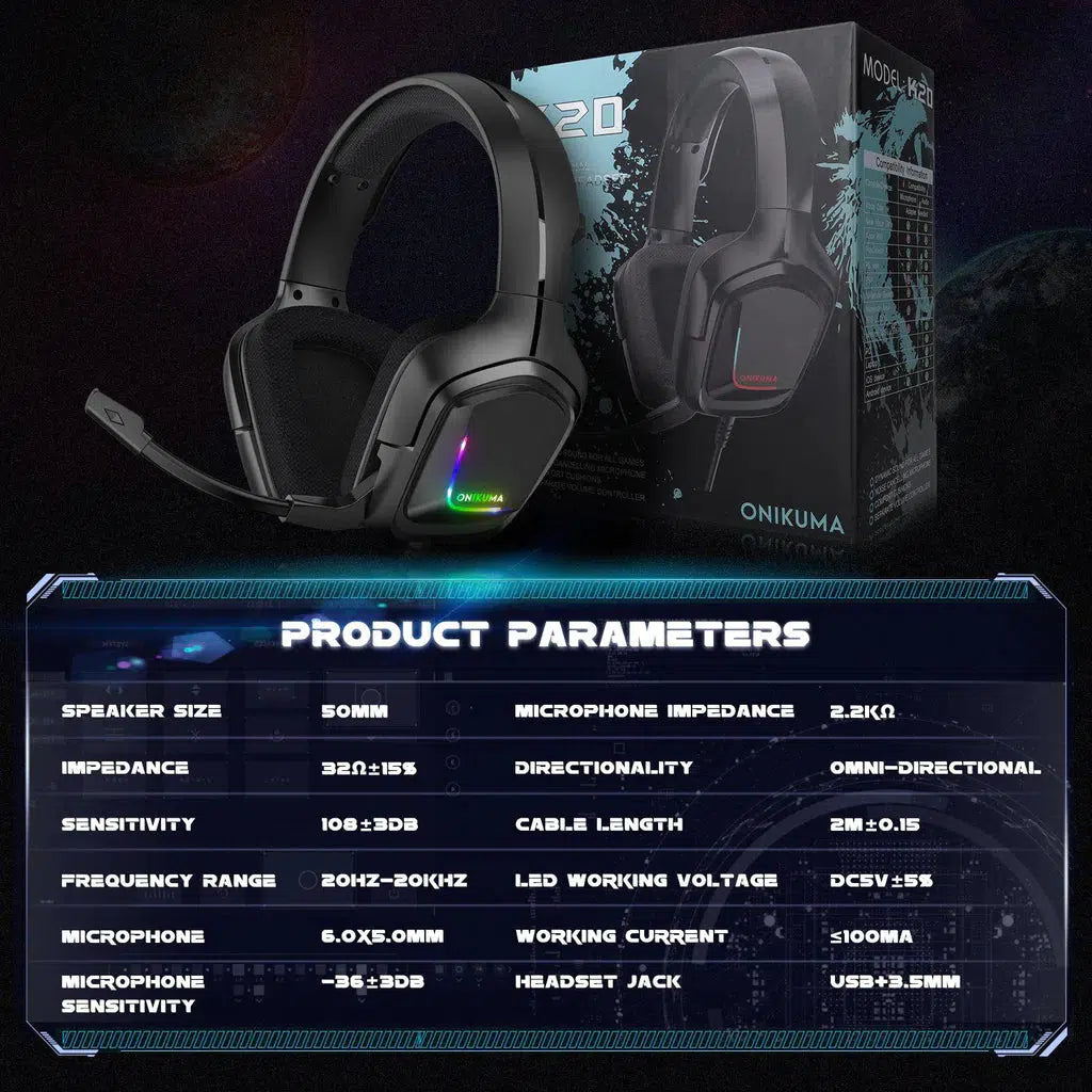 ONIKUMA K20 Wired Gaming Headset with Noise-Canceling Microphone & RGB Lighting - Perfect for PC, PS4, Xbox Gaming & Online Classes