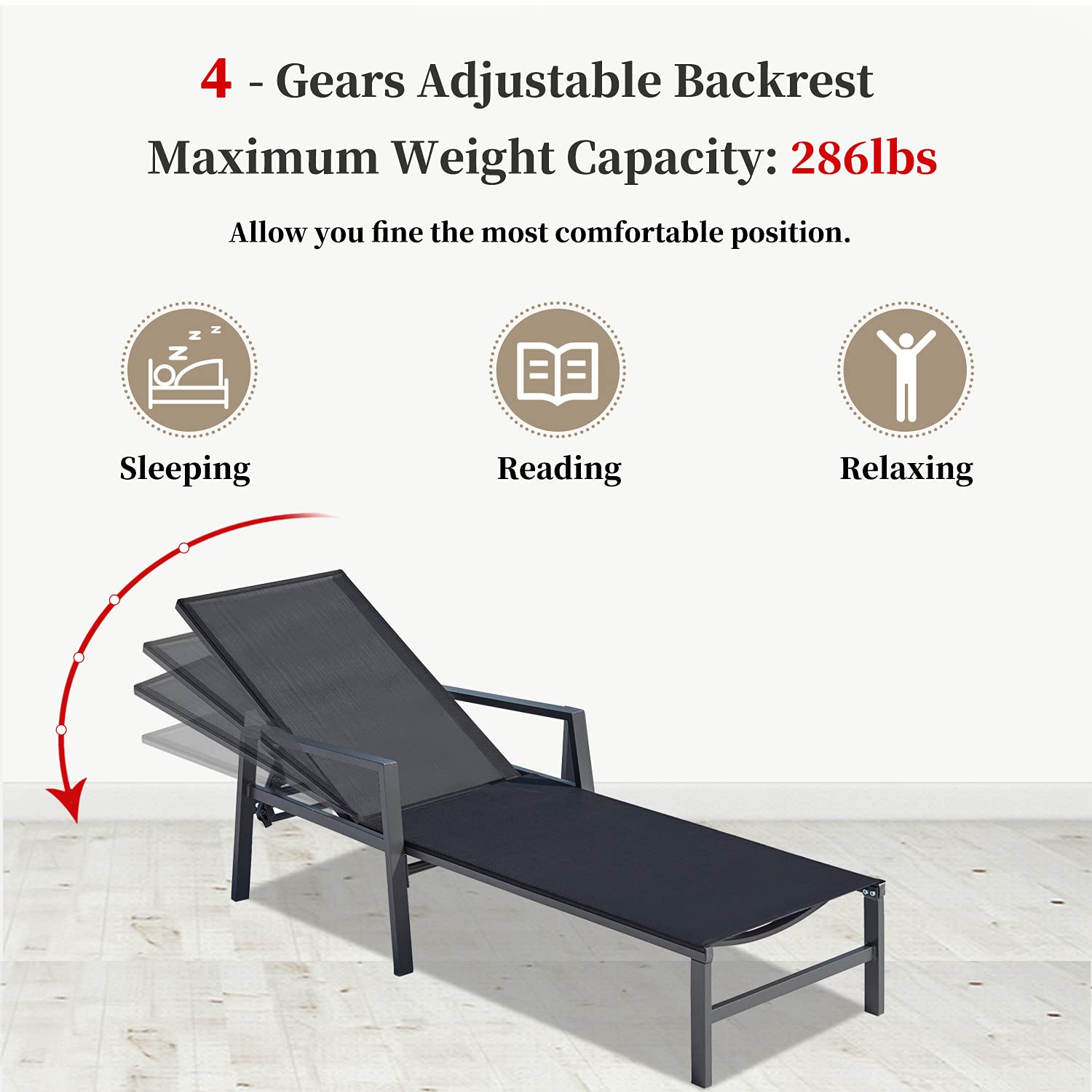 Premium Outdoor Patio Lounge Chair Set of 2 - Adjustable Aluminum Chaise Lounges with 5 Backrest Positions - Perfect for Backyard, Balcony, Poolside & Beach Relaxation (Black) - Ideal for Sunbathing, Lounging & Outdoor Entertaining