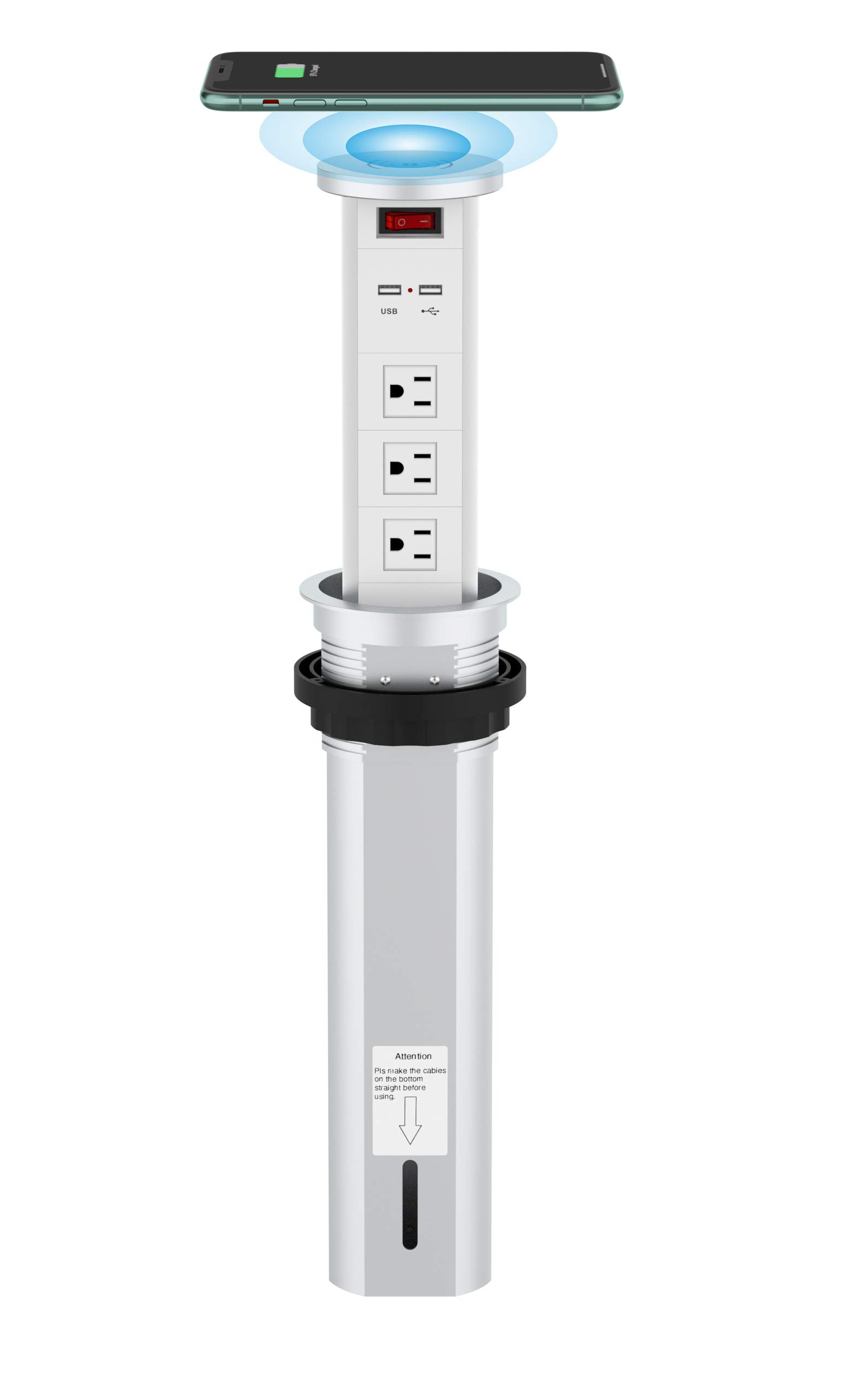 Automatic Pop-Up Surge Protector Outlet with 2 USB Ports & 3 AC Plugs - Retractable Hidden Power Strip with Wireless Charger for Kitchen Island, Conference Table, Office Desk - Perfect for Home, Office & Commercial Spaces