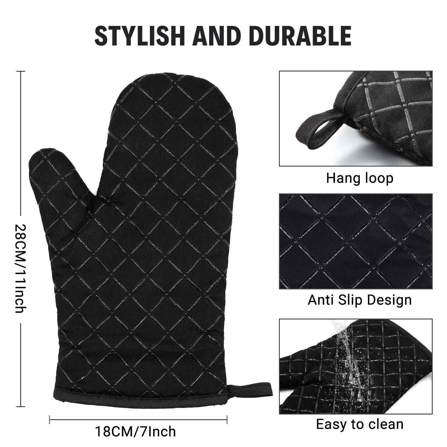 Heat Resistant Silicone Oven Gloves - Non-Slip Kitchen Mitts for Grilling, Cooking, Baking & Microwave Use - Perfect for BBQ, Pizza Making & Hot Dish Handling (Black, 1 Pair)
