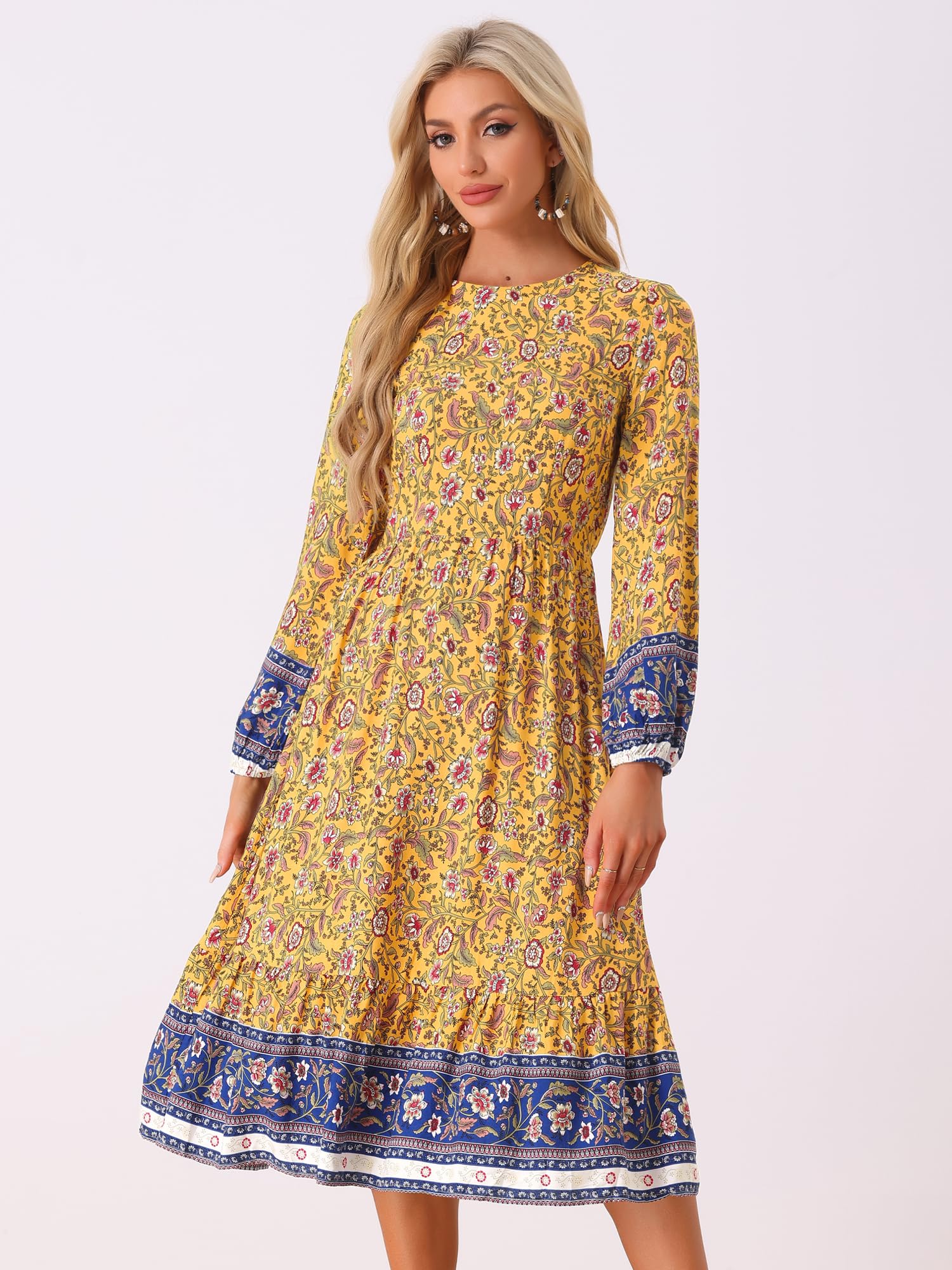 Allegra K Women's Floral Boho Midi Dress with Elastic Waist - Long Sleeve Flowy Spring Dress 2024 | Perfect for Casual Outings, Beach Vacations & Boho Chic Style
