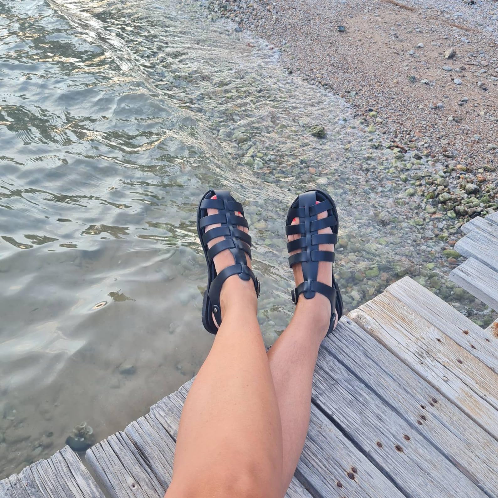 Handmade Greek Leather Fisherman Sandals for Women – Soft Barefoot Gladiator Sandals with Buckles & Anti-Slip Rubber Sole | Traditional Greek Craftsmanship | Perfect for Beach, Vacation & Boho Fashion (US7, Black)