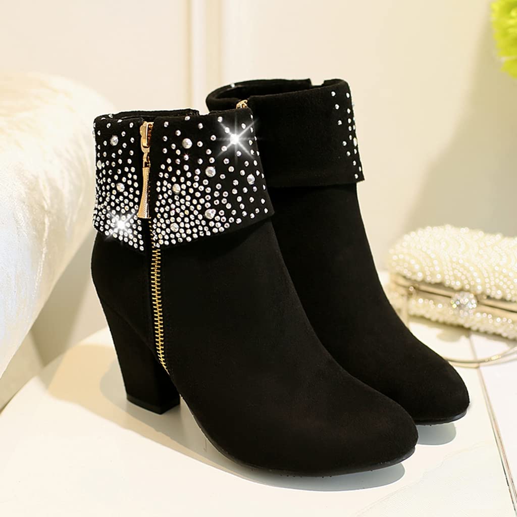 MIOKE Women's Chunky Block Heel Ankle Boots - Rhinestone Round Toe Suede Zipper Booties for Party, Work & Night Out | Dress Boots for Fall Winter Fashion