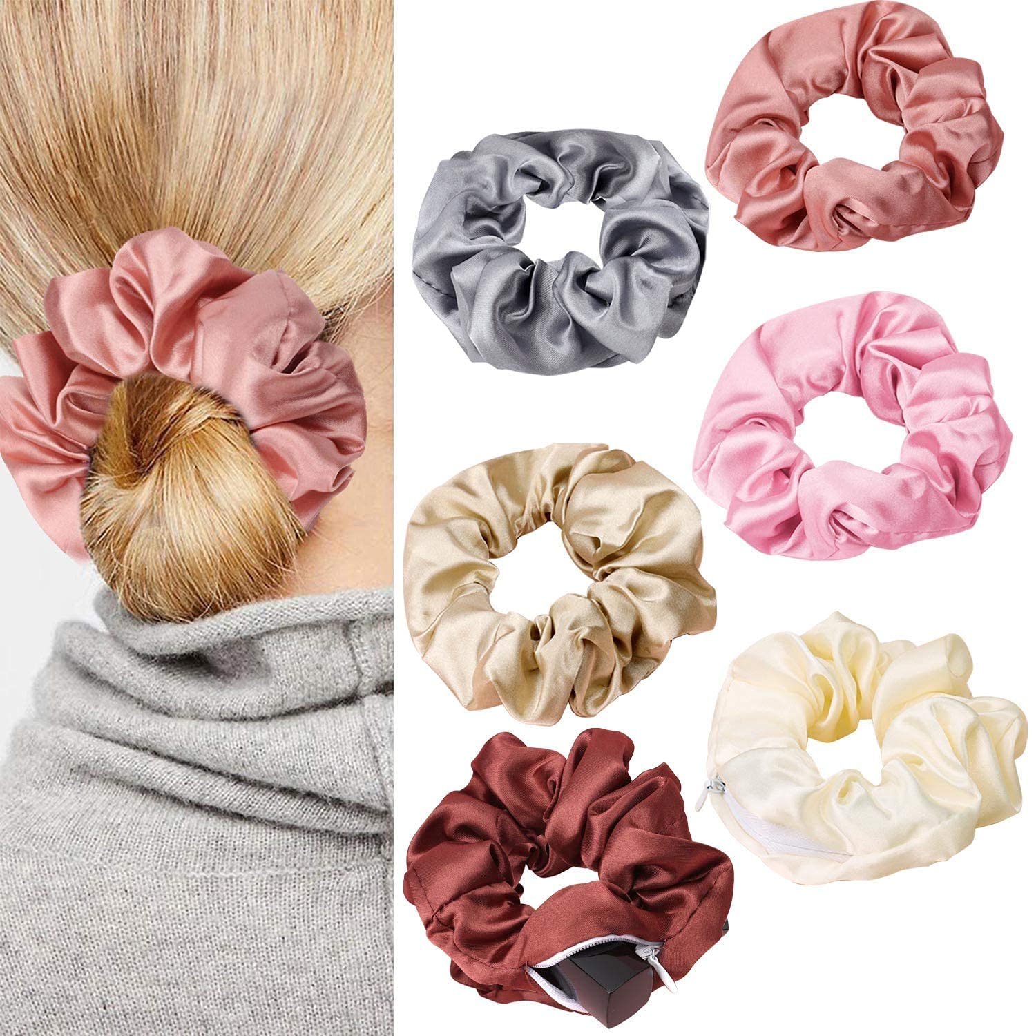 6-Pack Satin Hair Scrunchies with Zipper - Soft Ponytail Holders & Hair Ties for Women & Girls (Multicolor) - Perfect for School, Work, Gym & Everyday Use