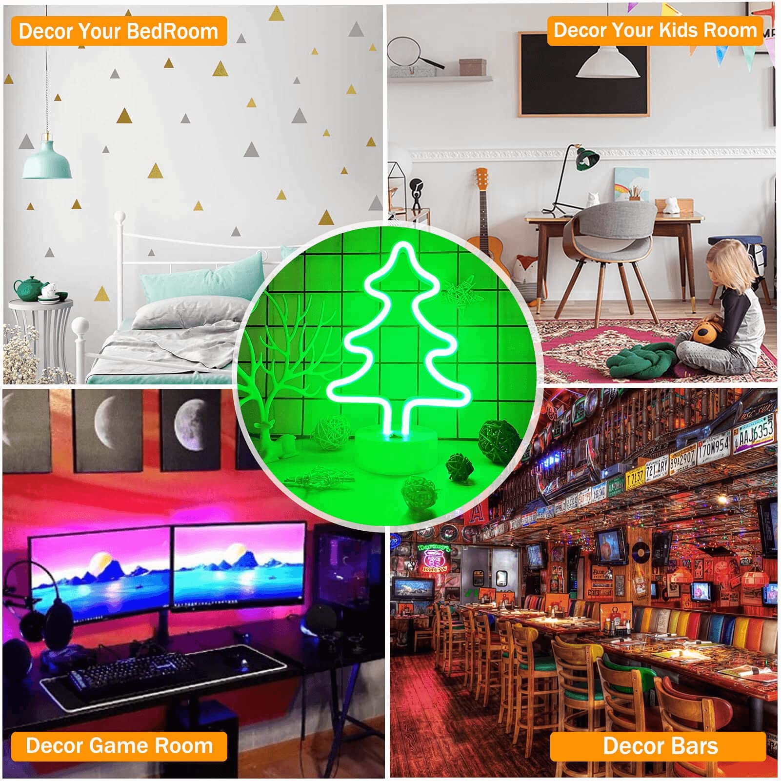 Battery/USB Powered Green Neon Christmas Tree Light with Base - Holiday Home Decor for Christmas Party, Bedroom, Living Room & Office