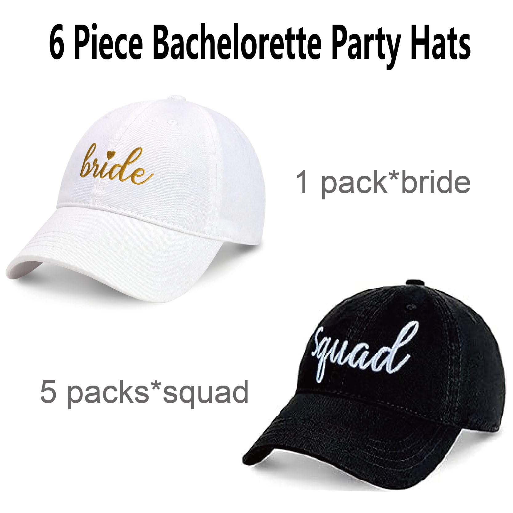 6 Pack Embroidered Bride Squad Baseball Caps - Bachelorette Party Hats for Bridesmaids & Wedding Party Favors - Perfect for Bachelorette Parties, Girls' Trips & Wedding Celebrations