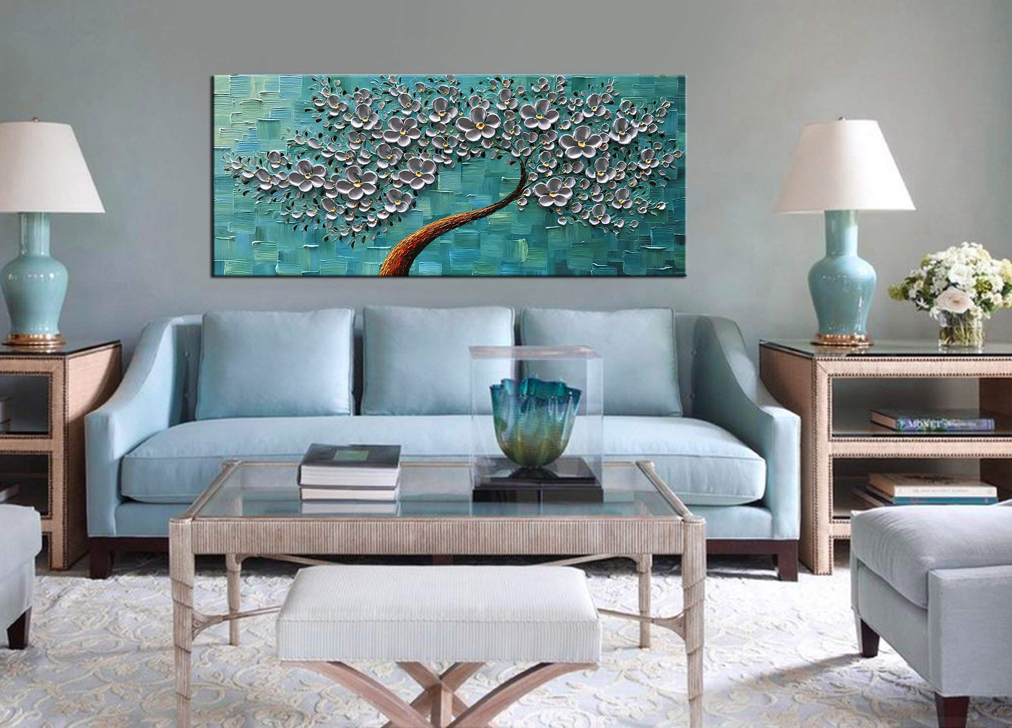 YaSheng Art - 24x60 Inch Large Abstract Floral Oil Painting on Canvas, 3D Texture Palette Knife Art, Silver Flower Tree Wall Decor - Perfect for Living Room, Bedroom & Office Wall Art