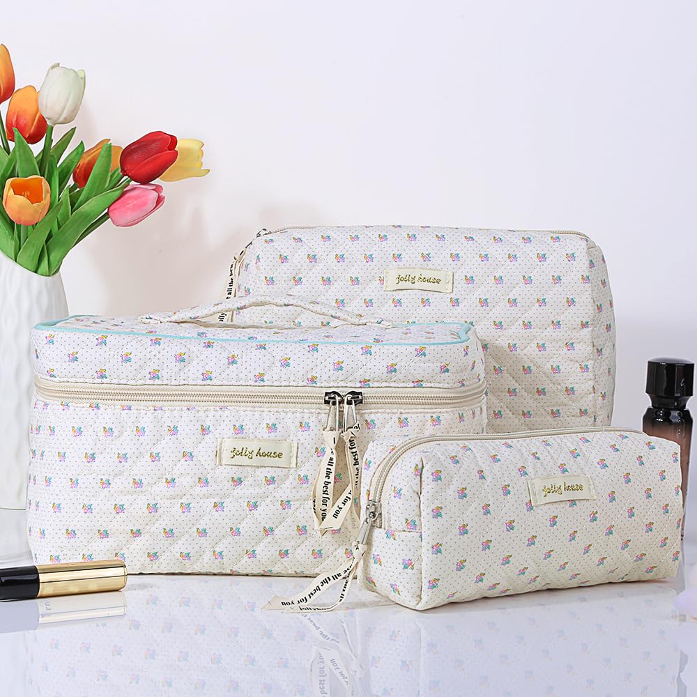 Cessfle 3PCS Cotton Quilted Makeup Bags Set - Cute Floral Cosmetic Organizer for Women | Large Coquette Aesthetic Travel Makeup Pouch | Perfect for Travel, Gym & Daily Beauty Essentials