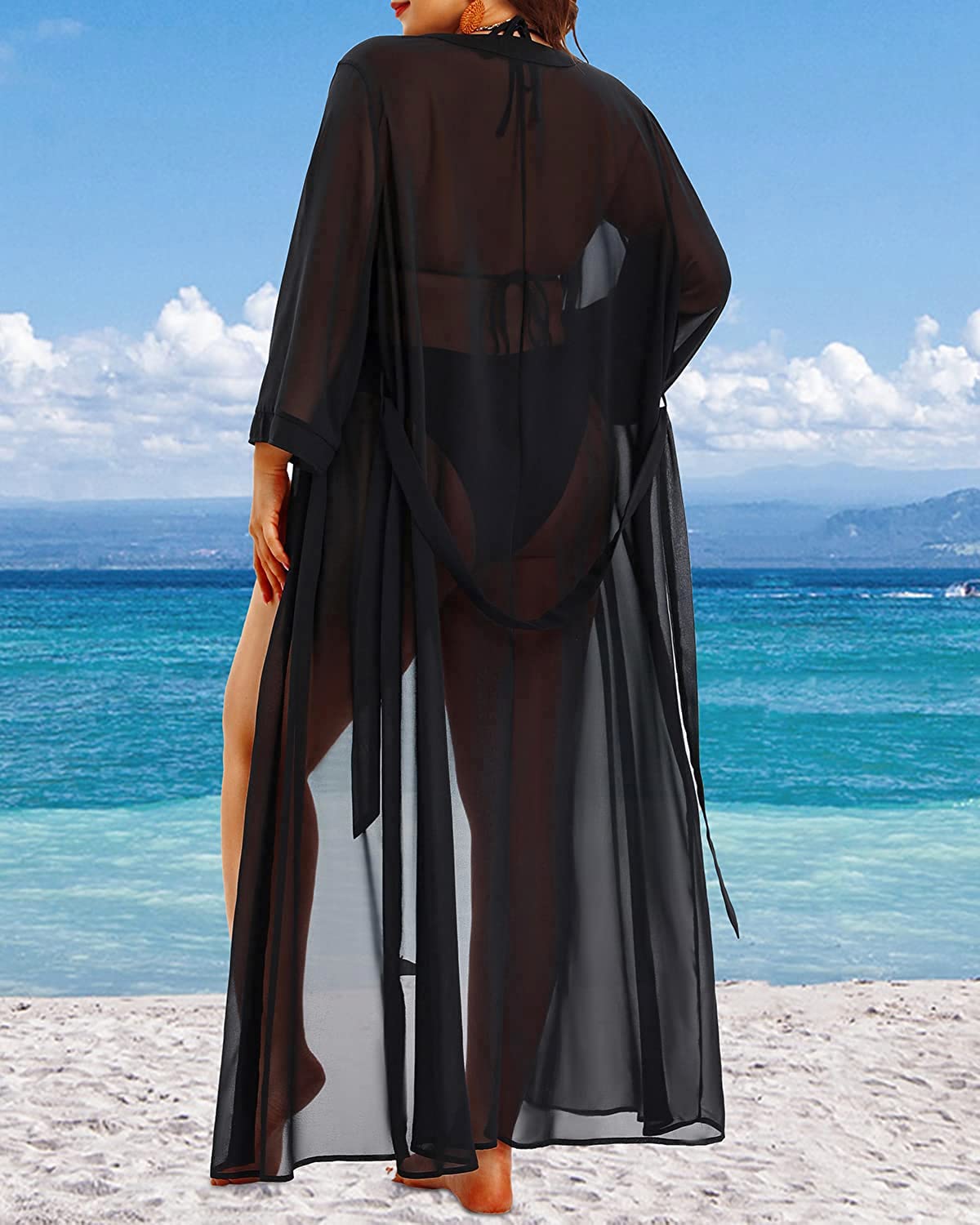 **Plus Size Swimsuit Cover Up for Women - Long Kimono Cardigan Beach Cover Up with Chiffon Fabric & Tie Front Design | Perfect for Pool, Beach, and Vacation Outfits**