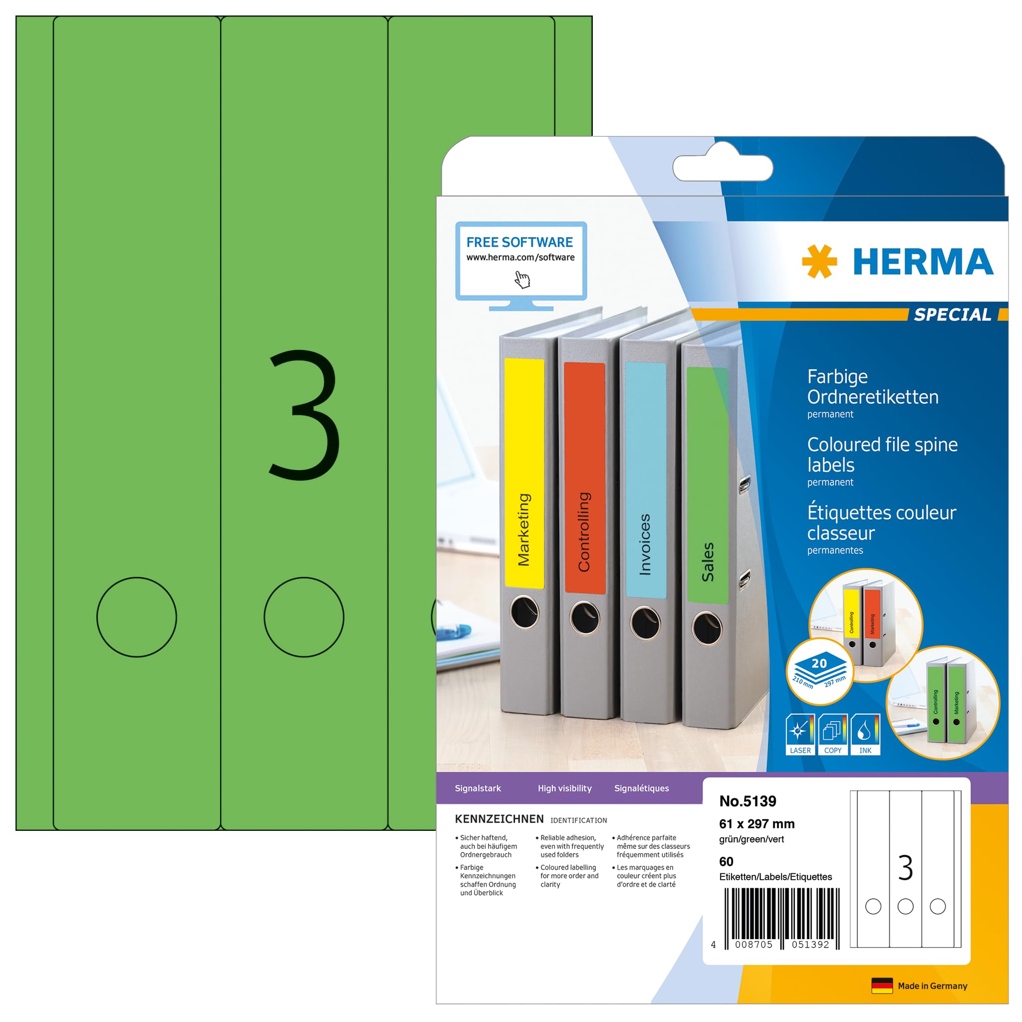 HERMA Self Adhesive Spine Labels - 60 Blank Labels (3 per A4 Sheet, 20 Sheets) 61x297mm for Laser & Inkjet Printers - Green Lever Arch File Folder Stickers - Perfect for Office Organization, File Classification & Document Management