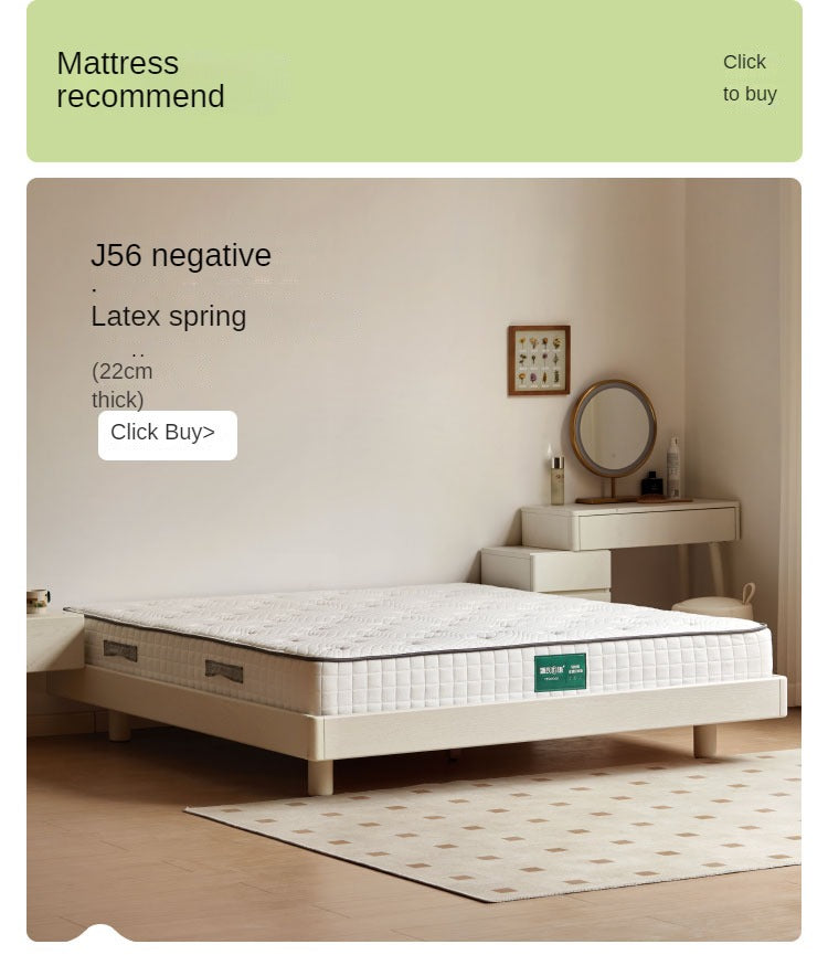 Solid Oak Wood Platform Bed - No Headboard, Cream Finish - Modern Minimalist Bedroom Furniture for Small Spaces & Loft Apartments