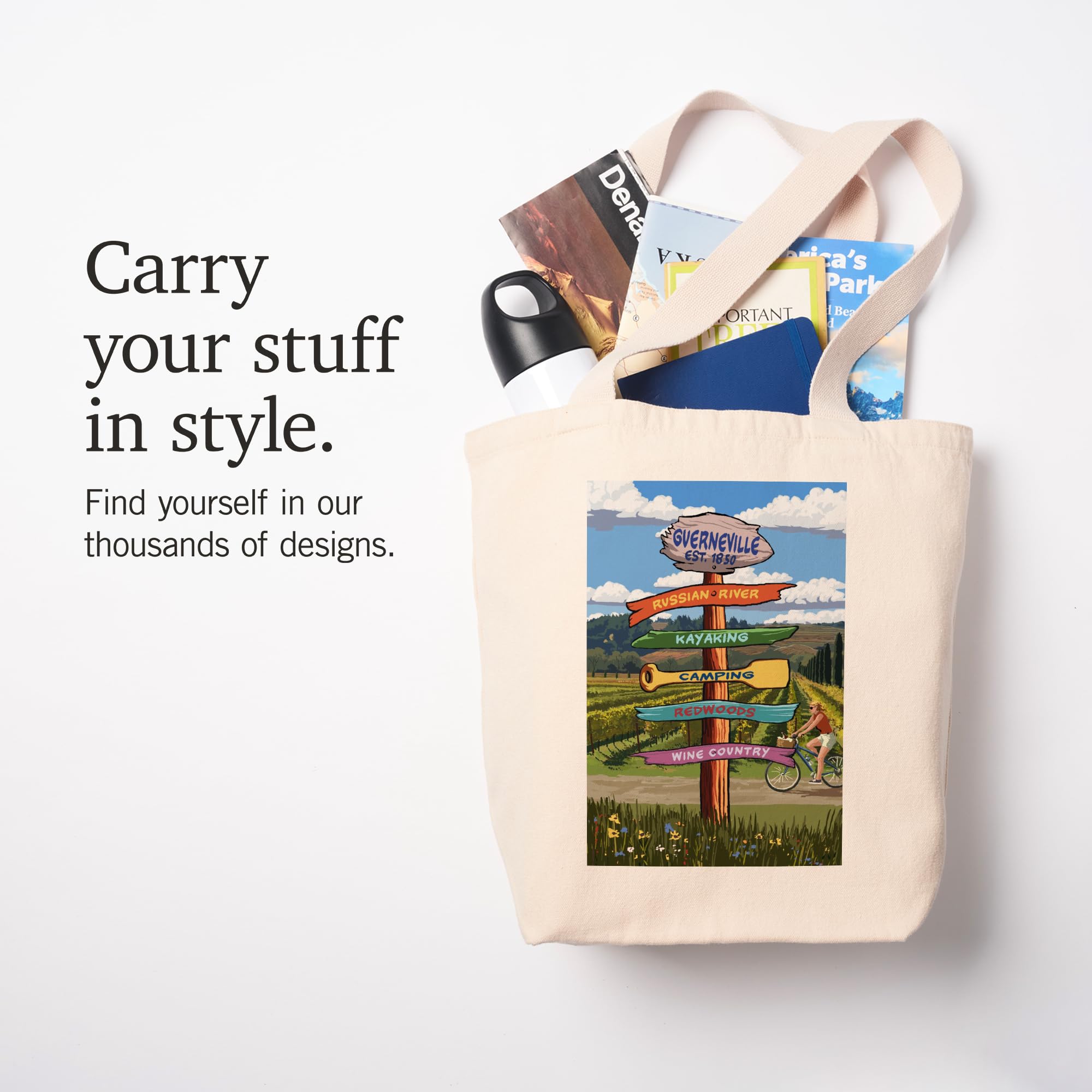 Lantern Press Guerneville California Signpost Tote Bag - 100% Cotton Canvas Reusable Shopping Bag for Groceries, Beach & Travel