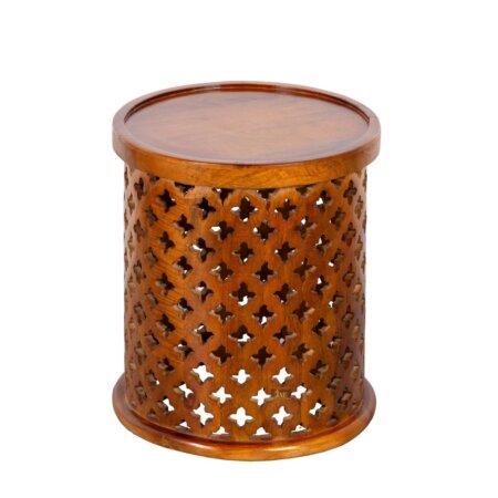 Handmade Carved Mango Wood Round Side Table with Intricate Jali Design - Natural Brown Finish | Perfect for Living Room, Bedroom, or Patio Decor