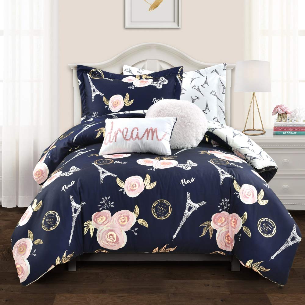Lush Decor Navy Vintage Paris Rose Butterfly 5-Piece Comforter Set - Reversible Twin XL Bedding for Cozy Bedroom Decor | Perfect for Guest Rooms & Dorm Rooms