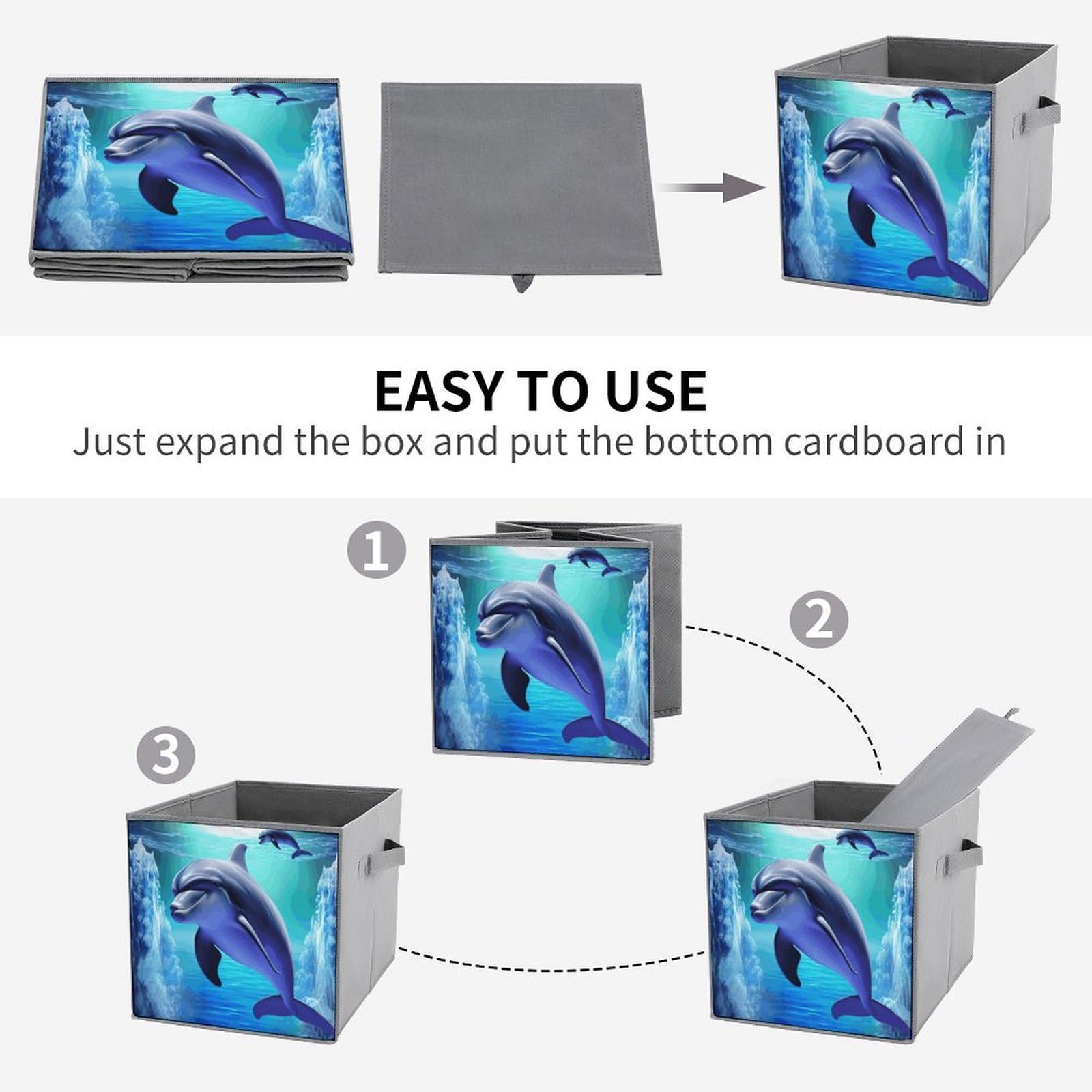 Foldable Storage Bins with Handles - Large Capacity Dolphin Printed Organizer for Playroom, Office & Home