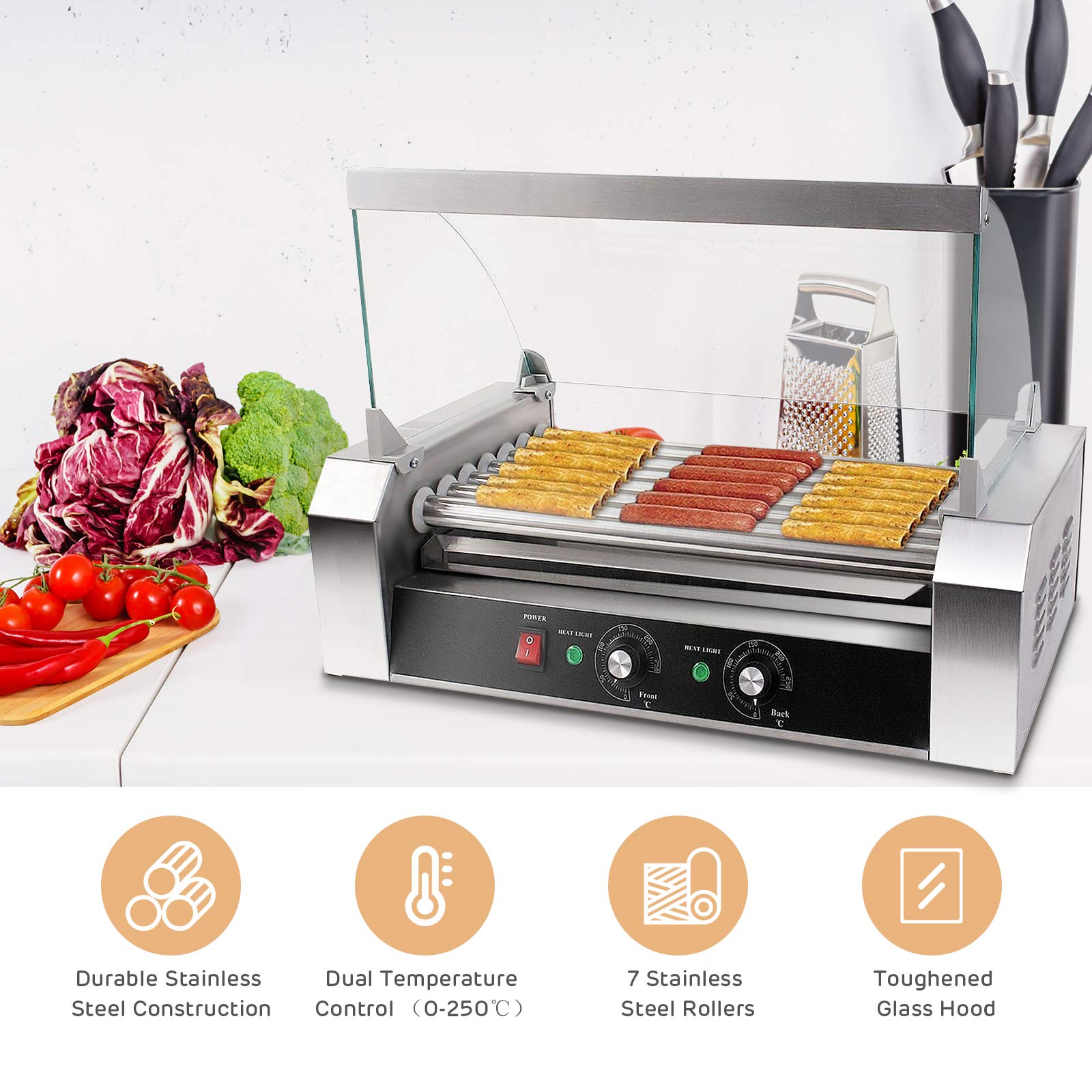 Commercial Electric Hot Dog Roller Machine - 18 Hot Dog Capacity with 7 Non-Stick Rollers, Removable Stainless Steel Drip Tray & Glass Hood Cover - Perfect for Restaurants, Carnivals, Food Trucks and Home BBQ Parties