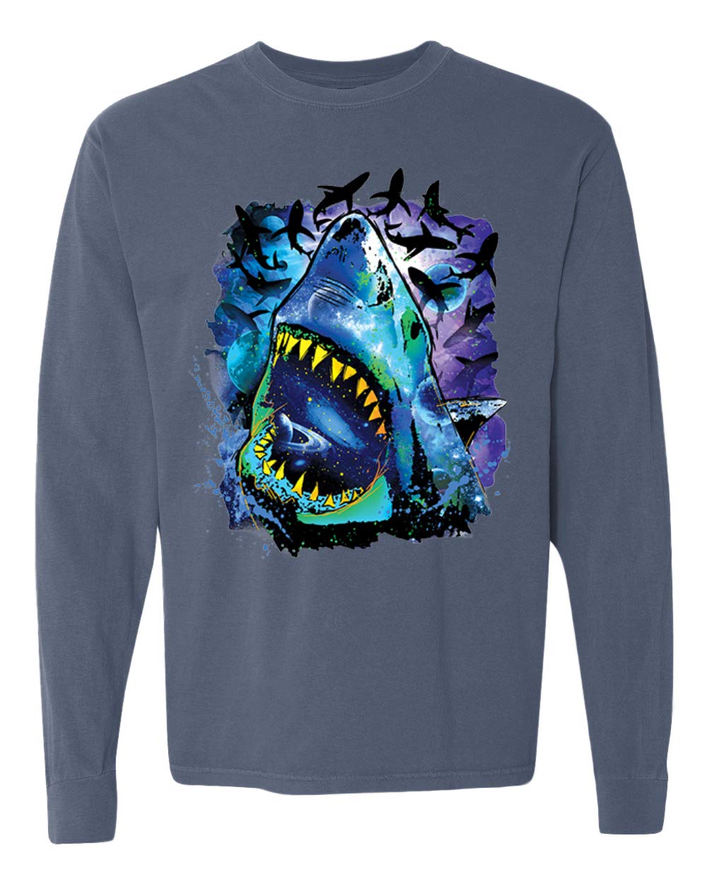Vintage Washed Long Sleeve Cotton T-Shirt with Great White Shark Print | Eco-Friendly Unisex Ocean Animal Tee for Men & Women | Sustainable Streetwear Fashion | Perfect Gift for Shark Lovers | Ideal for Shark Week, Beach Vacations, Surfing, Outdoor Adventures, Shark Themed Parties & Everyday Casual Wear | Great for Summer Outfits, Marine Conservation Events, and Casual Street Style