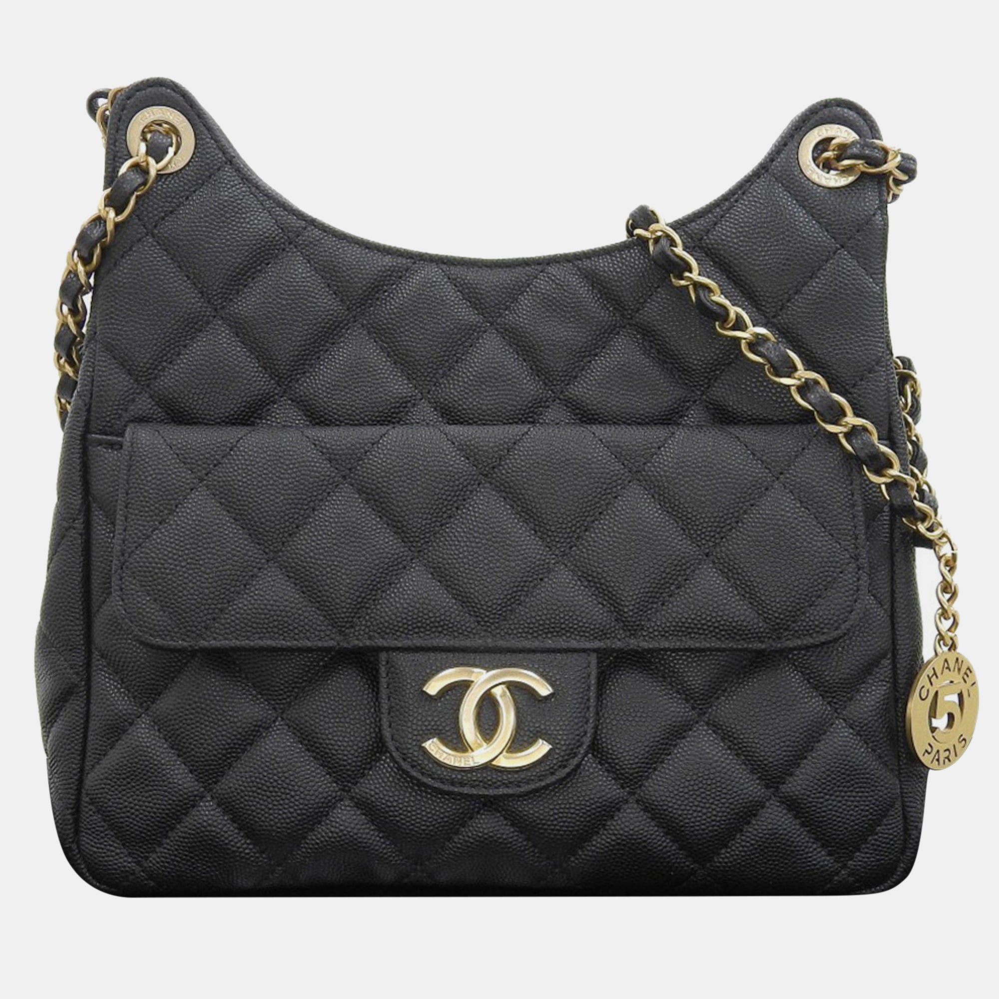Black Caviar Quilted Wavy CC Hobo Bag - Luxury Leather Shoulder Purse for Women | Perfect for Work, Travel & Evening Events