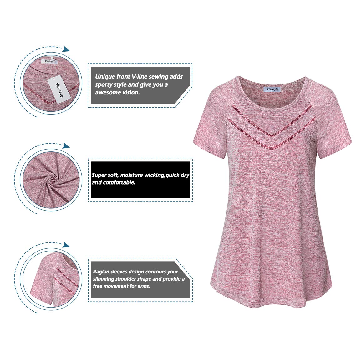 Vindery Women's Quick-Dry Yoga Shirts - Breathable Loose Fit Workout Tops with Front Line Design for Gym, Running & Outdoor Activities