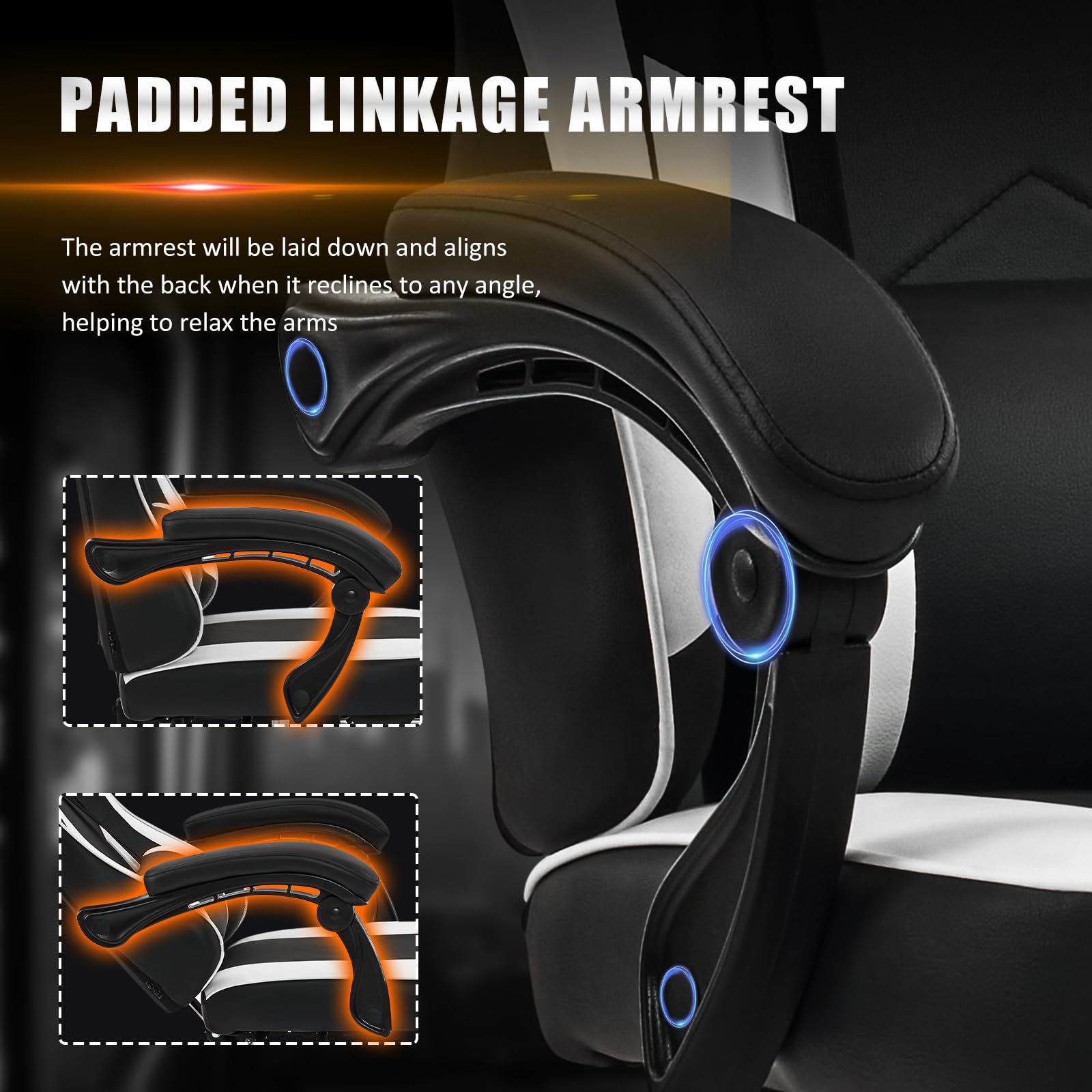 Ergonomic Gaming Chair with Adjustable Footrest & Lumbar Support - Reclining Computer Desk Chair for Adults with Linkage Armrests - PU Leather Office & Video Game Chair (Black-White) - Perfect for Esports, Streaming & Home Office Workspace