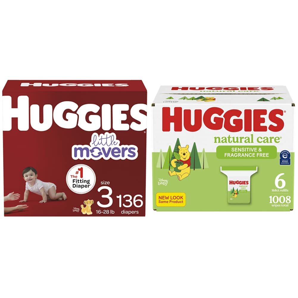 Huggies Little Movers Baby Diapers Size 3 (136 Count) + Natural Care Sensitive Baby Wipes (1008 Count) | Ultra Absorbent & Hypoallergenic for Active Babies | Perfect for Daycare, Travel & Overnight Protection