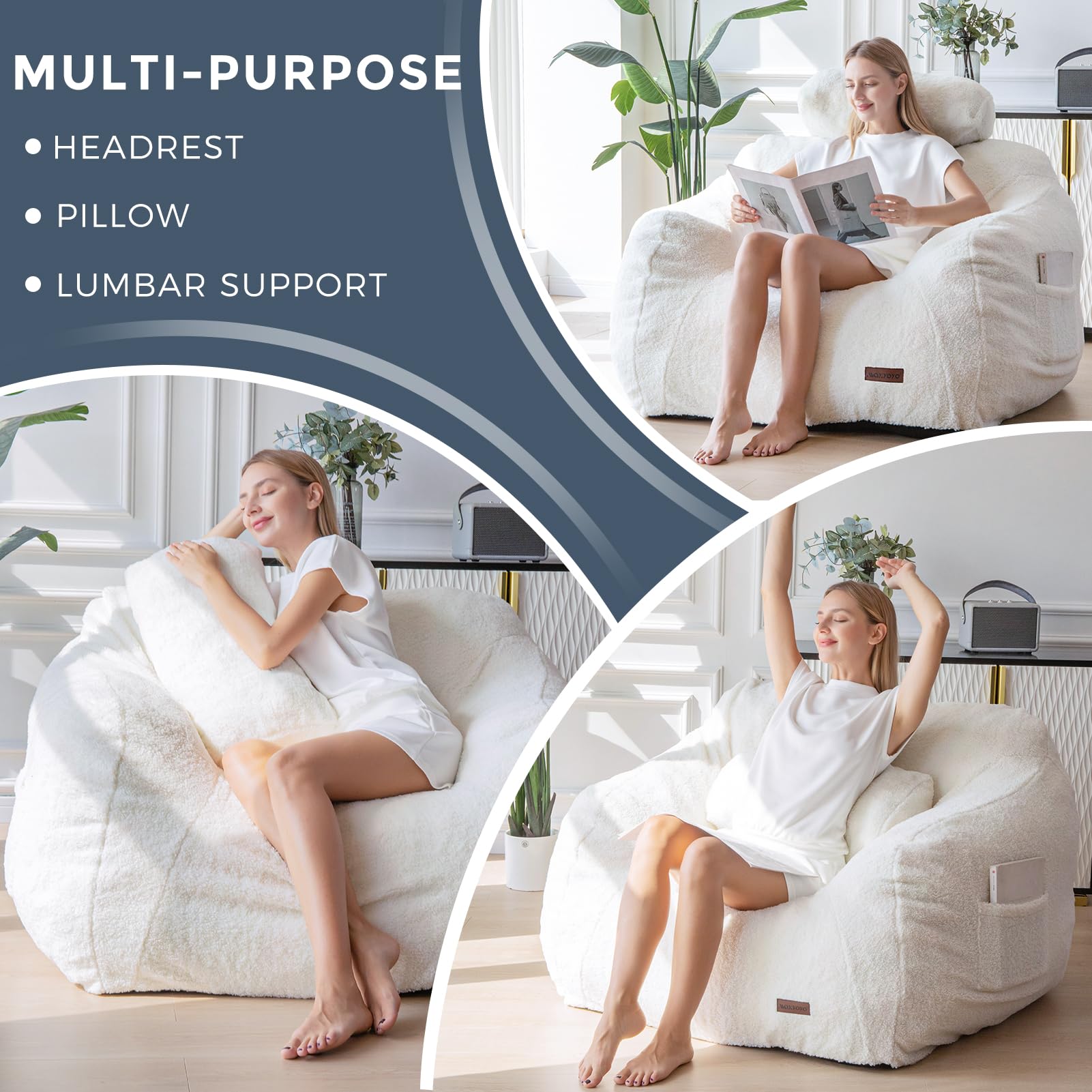 MAXYOYO Oversized Bean Bag Chair with Removable Pillow - Boucle Fabric Bean Bag Sofa for Adults & Teens - Large Upholstered Lounger for Living Room, Bedroom, Game Room - Perfect for Reading, Gaming & Relaxing - Beige Comfort Furniture