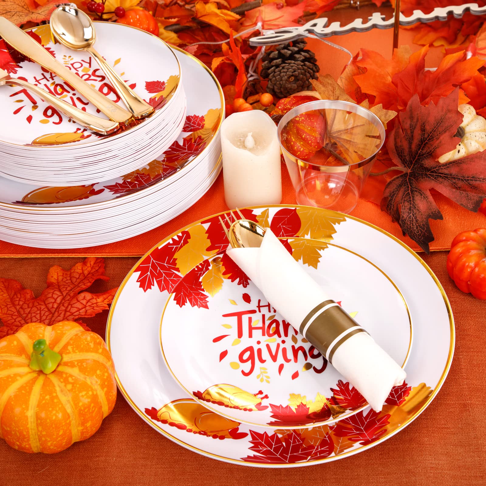 175-Piece Thanksgiving Plastic Dinnerware Set - Gold Disposable Plates, Dessert Plates, Napkins & Cups for Holiday Parties, Family Gatherings & Festive Celebrations