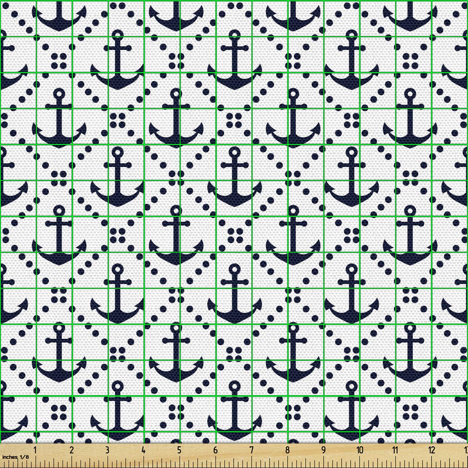 Ambesonne Geometric Fabric by The Yard - Nautical Chevron Pattern with Dotted Frames & Anchors in Marine Blue | 2 Yards for Upholstery, Curtains, Pillows & Home Decor | Perfect for Coastal, Beach House or Nautical Theme Interiors