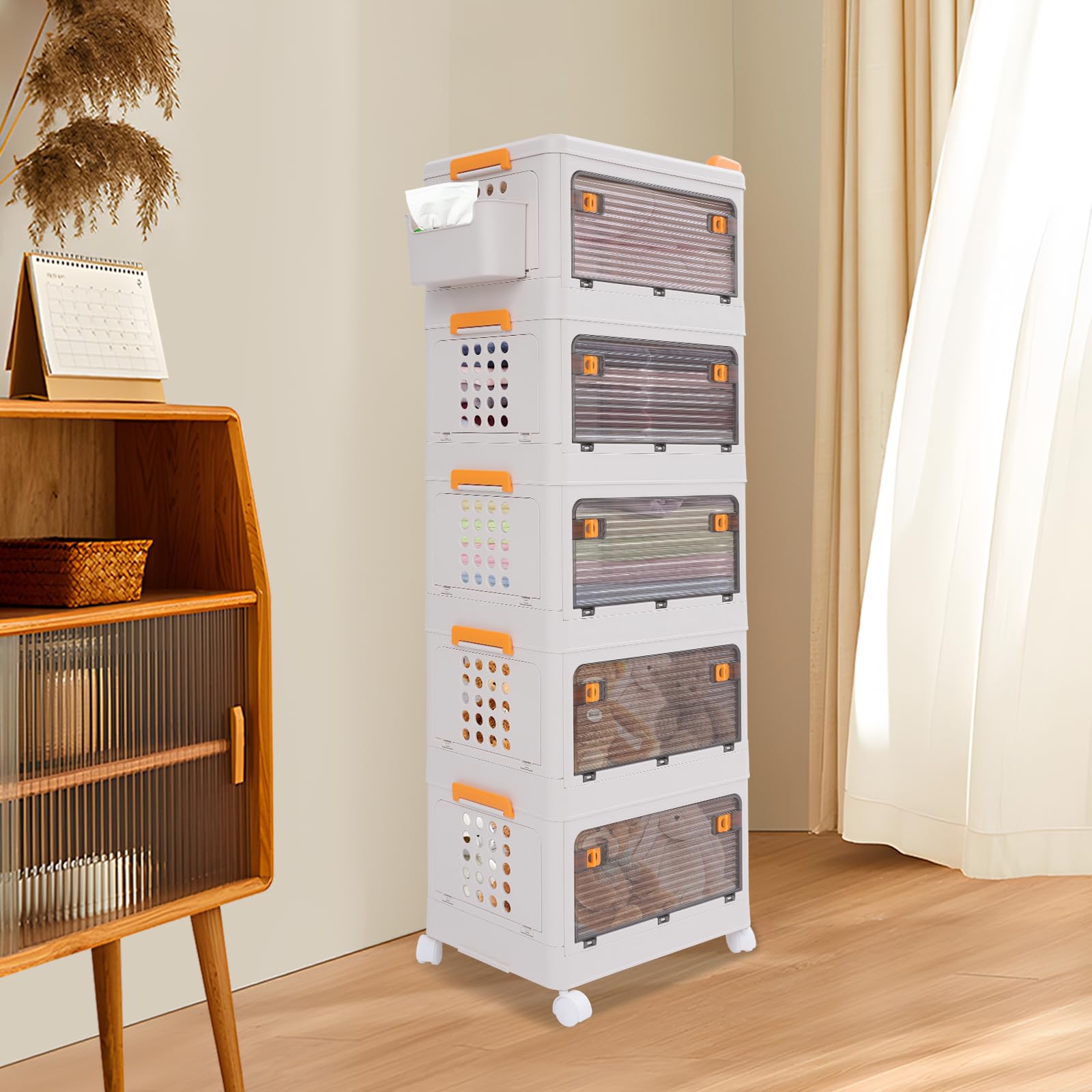 5-Tier Rolling Foldable Storage Organizer with Wheels & Side Basket - Collapsible Plastic Storage Cabinet for Bedroom, Living Room, Kitchen, Bathroom - Space-Saving Closet Organization Solution for Home & Office Use