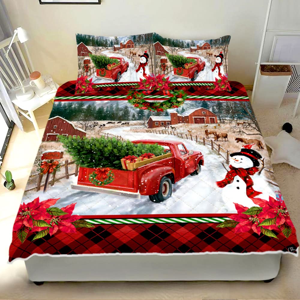 GEEMBI Snowman & Red Truck Christmas Bedding Set - King Size Quilt & Pillow Covers for Holiday Home Decor - Perfect for Women, Men, Kids Bedroom - Cozy Winter Bedding for Christmas Celebrations