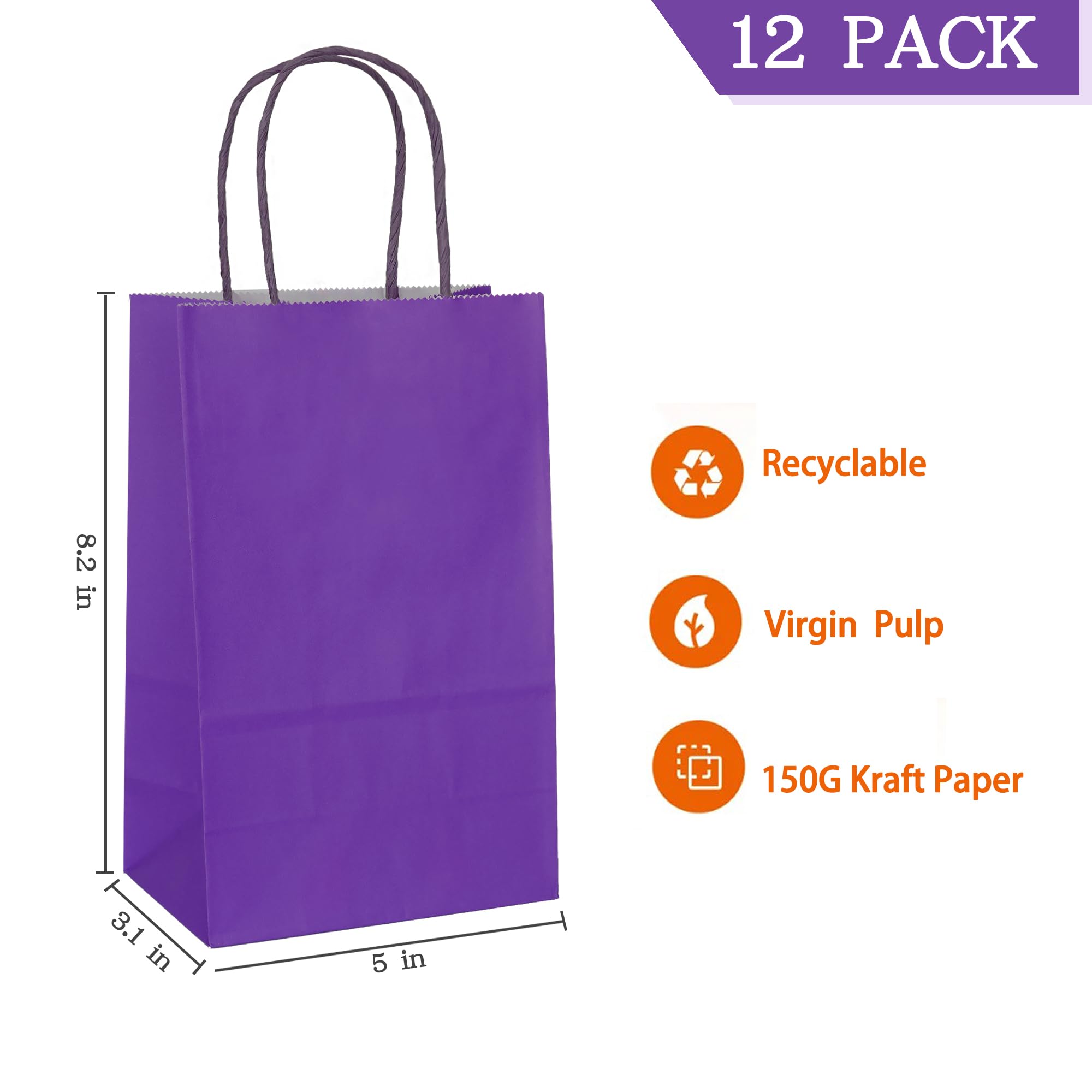 AZOWA Small Kraft Paper Gift Bags with Handles - 5 x 3.1 x 8.2 Inches, Purple (12 Pack) - Perfect for Party Favors, Wedding Gifts, Birthday Presents & Retail Packaging
