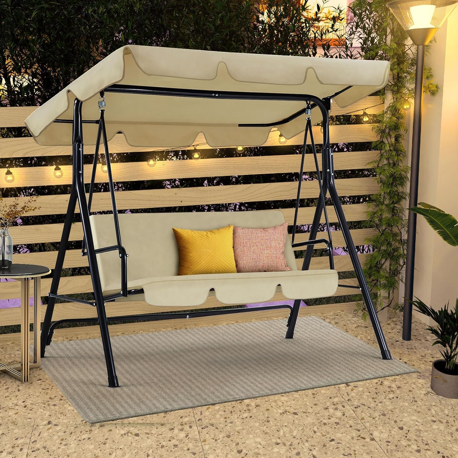 AECOJOY 3-Seat Outdoor Patio Swing Chair with Adjustable Canopy & Removable Cushion - Heavy Duty Porch Swing Bench for Adults - Perfect for Backyard, Garden, Poolside, Balcony or Deck Relaxation (Beige) | Ideal for Lounging, Reading & Enjoying Outdoor Breezes