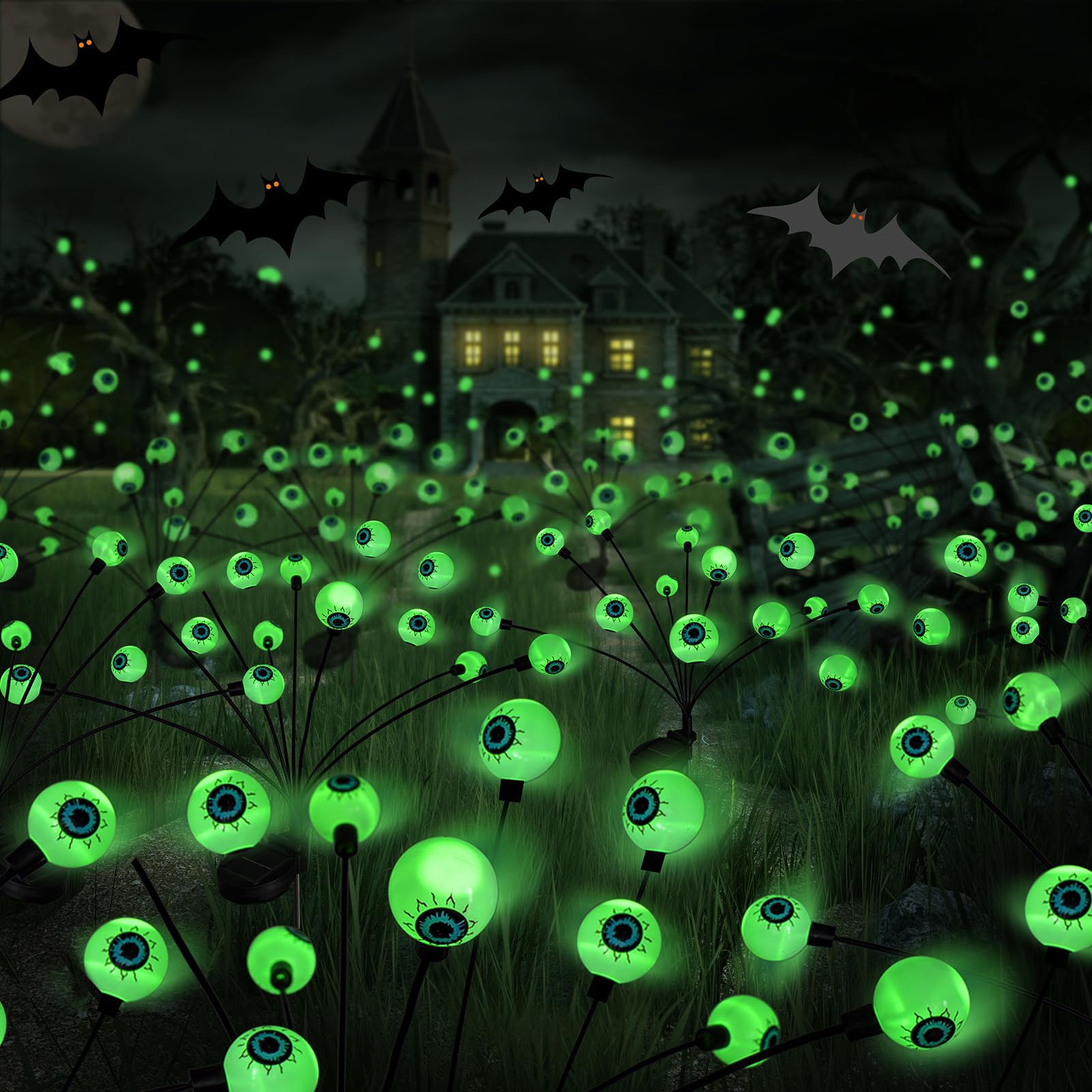 Solar Halloween Decorations - 2-Pack Scary Eyeball Garden Lights with 16 LED Waterproof Outdoor Stake Lights for Pathway, Yard & Patio | Spooky Party Decor & Landscape Lighting for Halloween Night