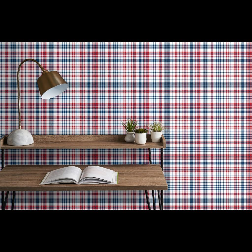 Commercial Grade Spoonflower Wallpaper 27ft x 2ft - Patriotic Plaid Navy Red USA Gingham with Stars & Stripes for July 4th Independence Day Decor | Perfect for Living Room, Bedroom, and Home Office Wall Covering