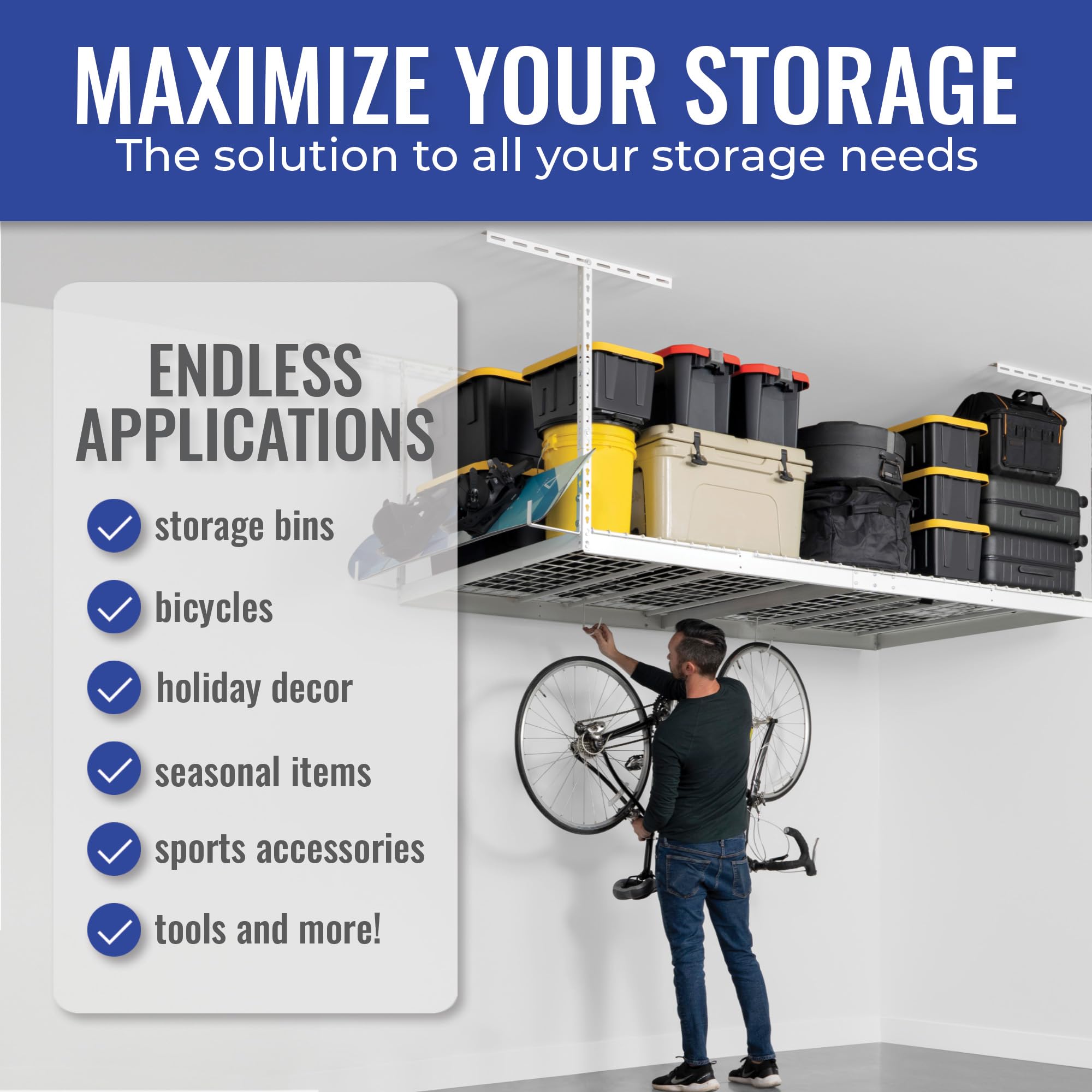 SafeRacks 4x8 Heavy Duty Overhead Garage Storage Rack - White (18