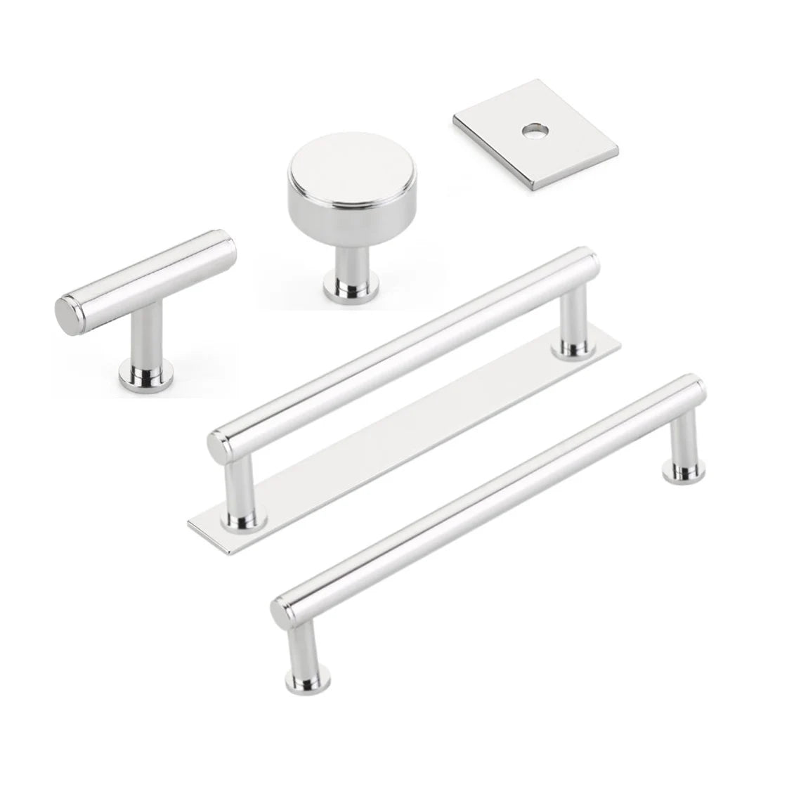 Polished Chrome Maison No. 2 Smooth Drawer Pulls and Cabinet Knobs with Optional Backplate - Modern Kitchen & Bathroom Hardware for Cabinets, Dressers, and Furniture (Set of 10)