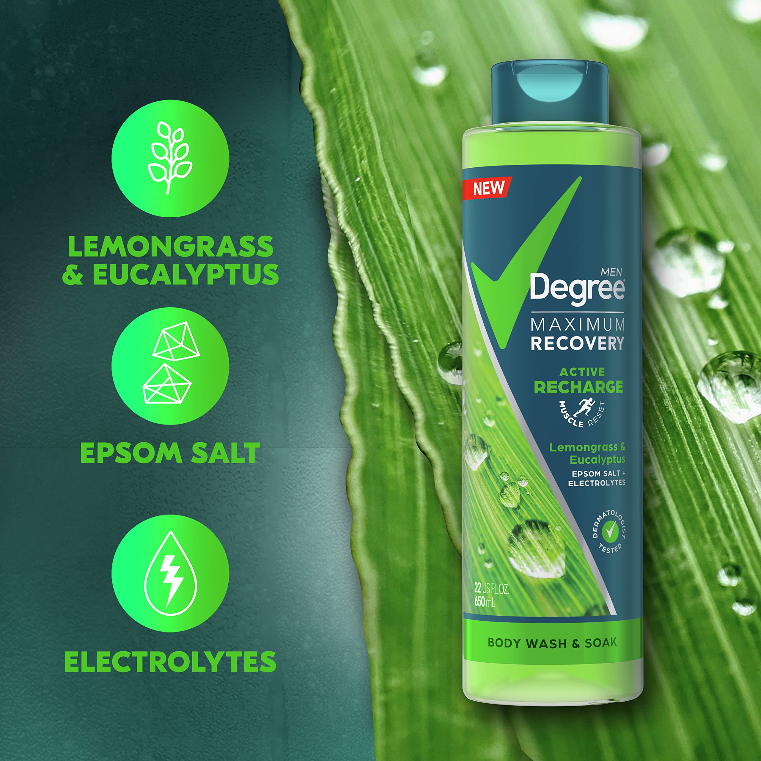 Degree Men Post-Workout Recovery Body Wash & Soak with Lemongrass, Eucalyptus, Epsom Salt & Electrolytes - 22 Fl Oz (Pack of 4) - Ideal for Gym, Sports & Muscle Relaxation Bath Routine