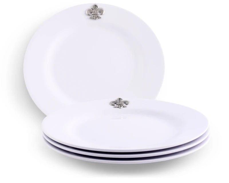 10-Pack White Melamine Dinner Plates with Pewter Fleur de Lis Design - Elegant & Durable Tableware for Outdoor Dining, Picnics, and Everyday Use