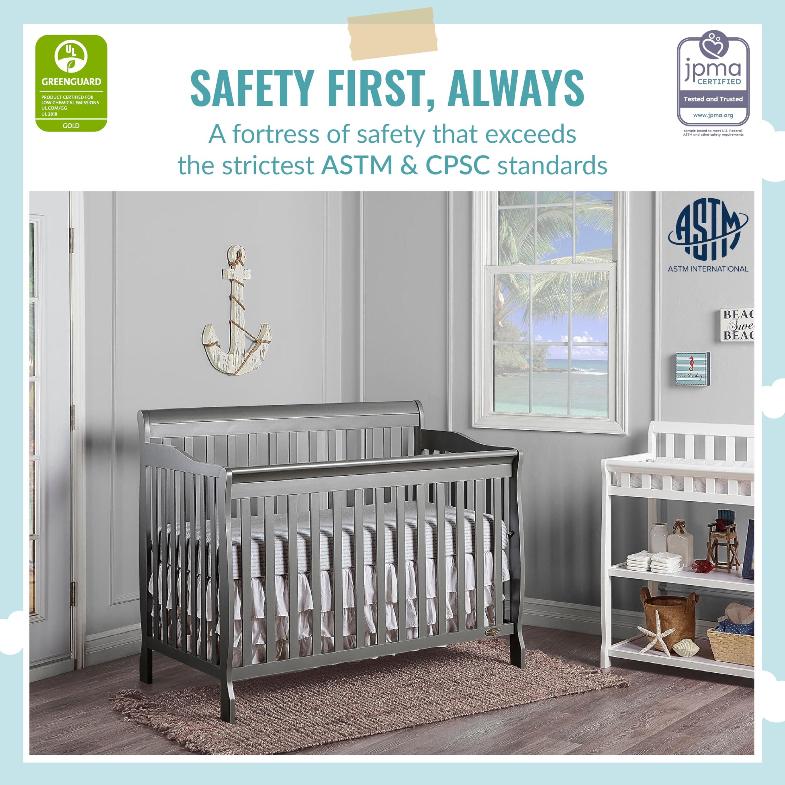 Dream On Me Ashton 4-in-1 Convertible Crib - Storm Grey | GREENGUARD Gold & JPMA Certified | Non-Toxic Solid Pinewood | 4 Adjustable Mattress Heights | Nursery & Baby Room Essential