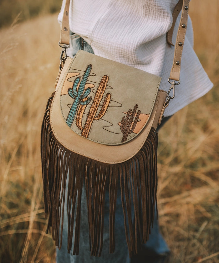 Montana West Cactus Embroidered Fringe Crossbody Bag for Women - Stylish Western Purse with Adjustable Strap - Perfect for Casual Outings, Music Festivals & Travel