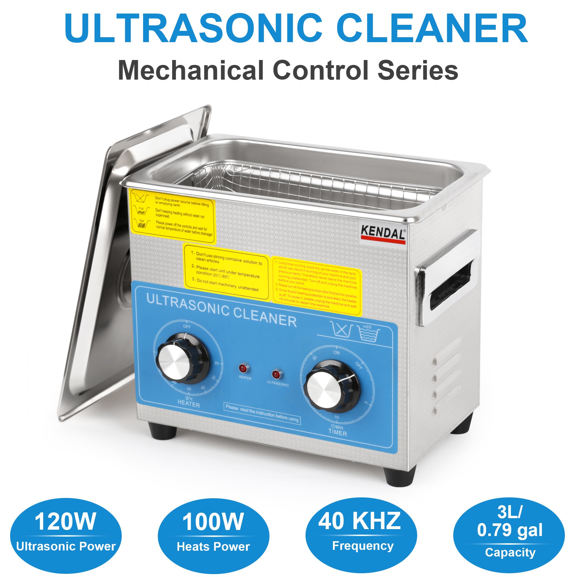 Kendal Commercial Grade 220W 3L Ultrasonic Cleaner HB-23MHT - Professional Jewelry, Dental Tools & Eyeglass Cleaning for Home & Business Use