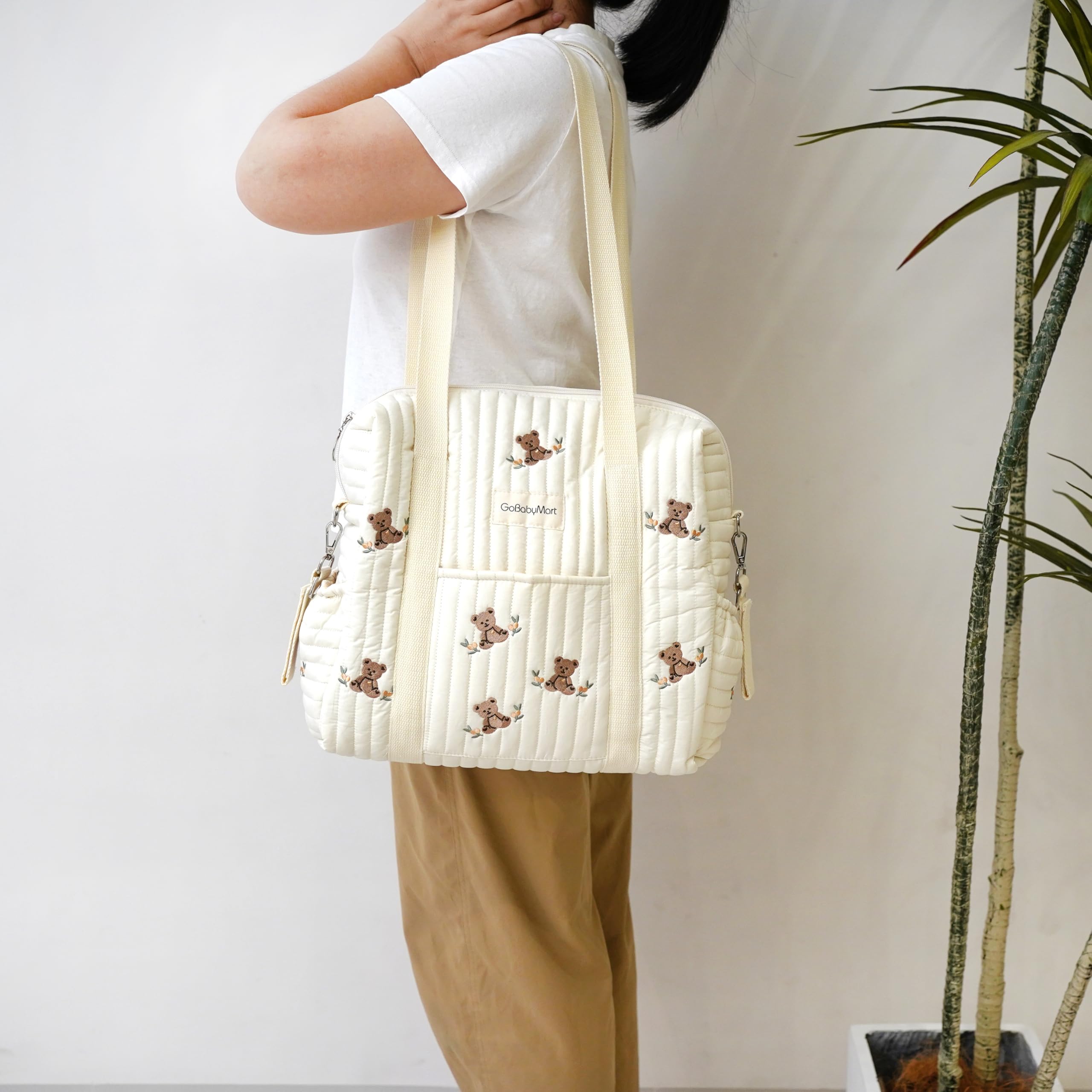 Large Diaper Bag Tote for Moms - Multifunctional Travel Baby Nappy Bag with Messenger Style (Medium Size, Olive Bears Print) - Perfect for Daycare, Hospital Visits & Family Outings