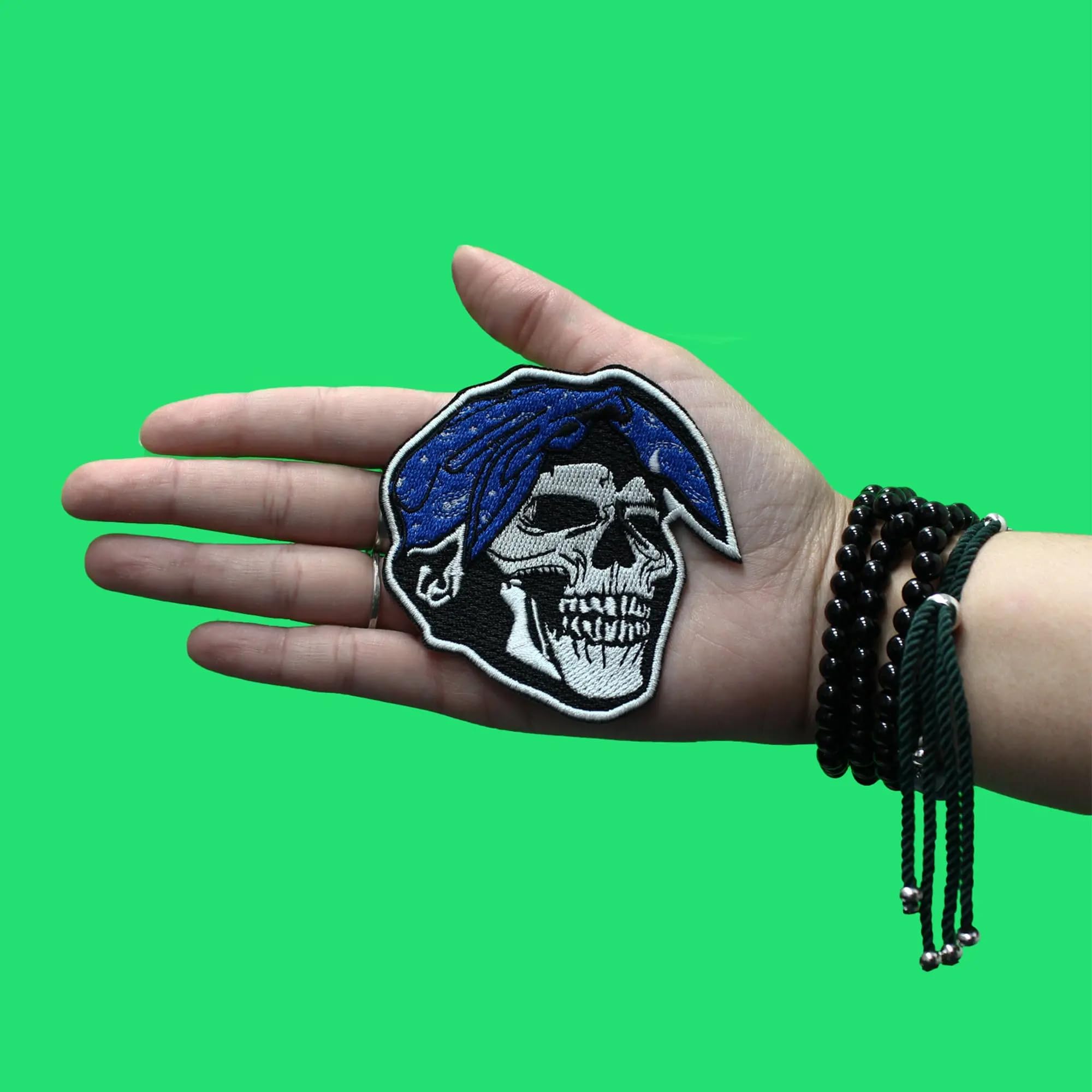Blue Skull Bandana Patch - Embroidered Iron-On for DIY Clothing & Accessories - Perfect for West Coast Style, California Rapper Fashion & Streetwear Outfits