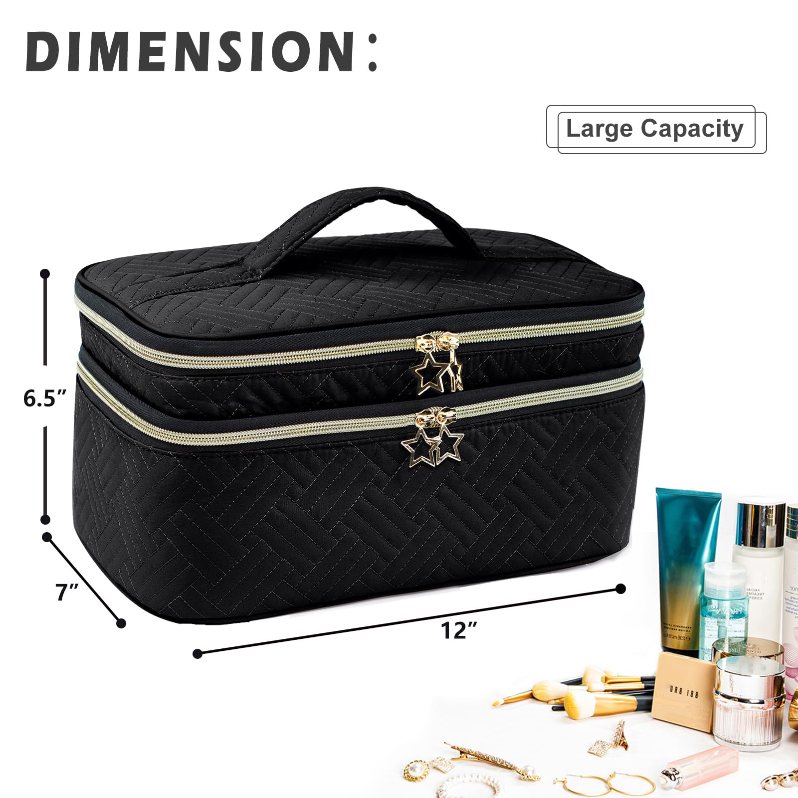 AMOIGEE Large Waterproof Makeup Bag - Double Layer Travel Cosmetic Organizer with Spacious Compartments for Brushes, Bottles & Palettes | Perfect for Travel, Home & Professional Use