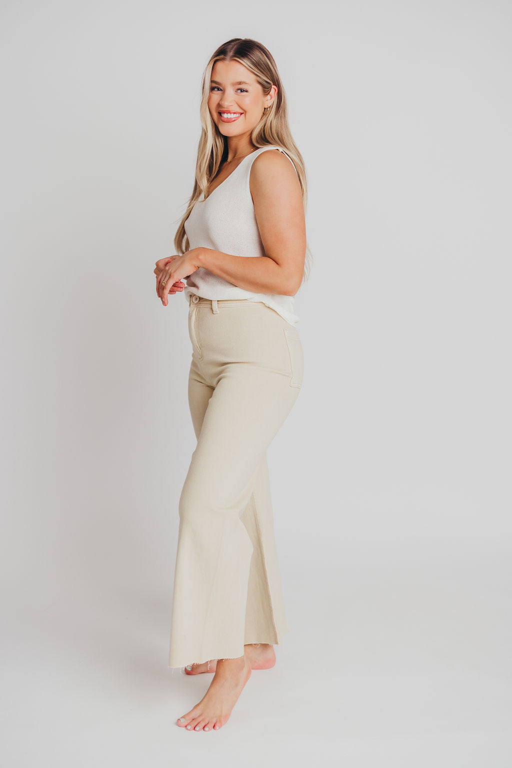 Corin Straight Wide Leg Denim Pants for Women - High Waisted Beige Jeans with Stretch Comfort | Perfect for Casual Outfits, Office Wear & Weekend Looks